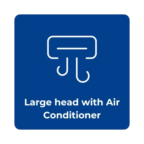 Blue sign with white icon of an air conditioner and text that reads 'Large head with Air Conditioner.'