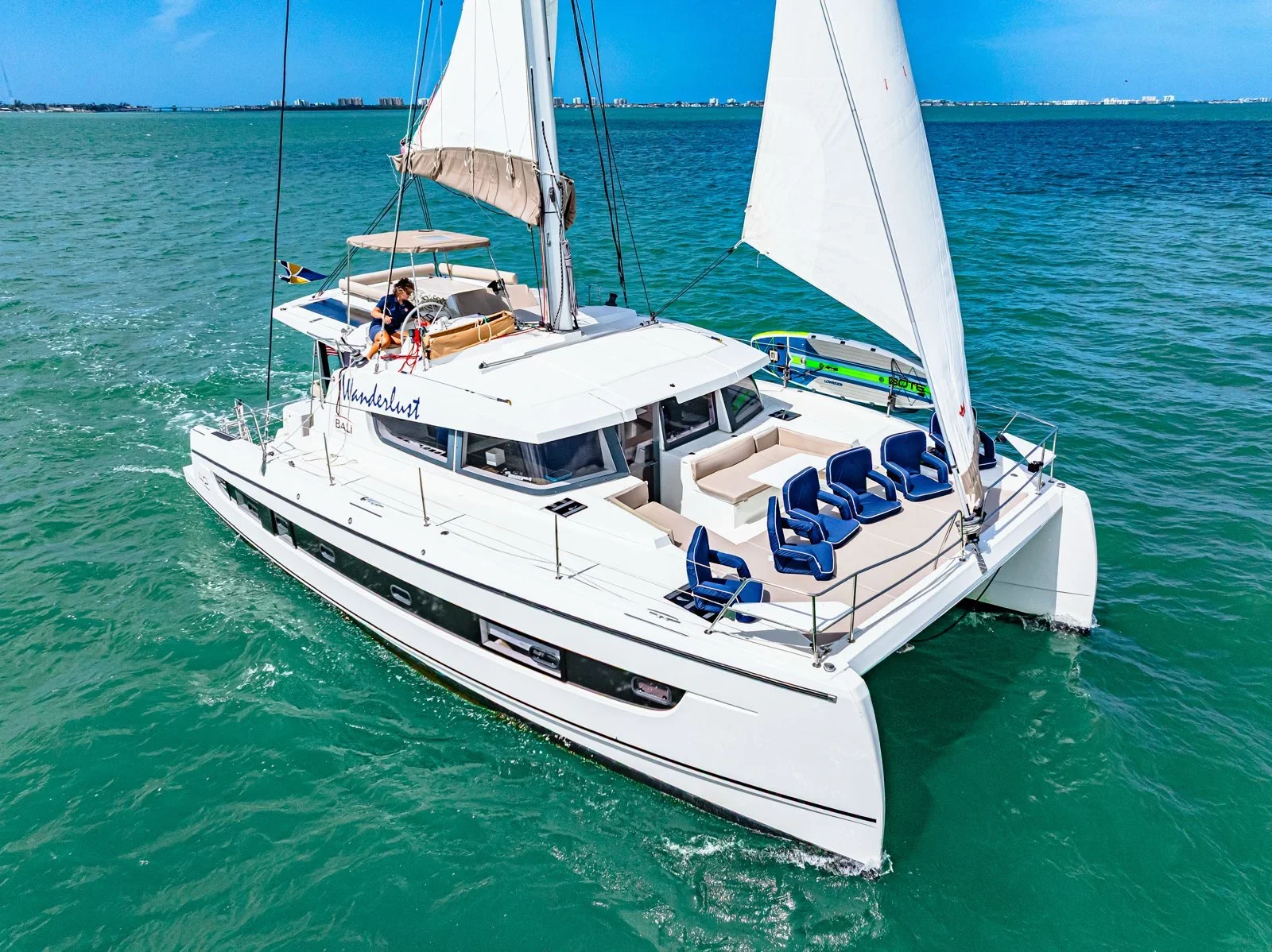 A white luxury sailing yacht named 'Wanderlust' sailing in turquoise water with a city skyline on the horizon.