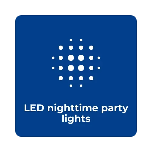Logo with a circular dot pattern and the text 'LED nighttime party lights' on a blue background.