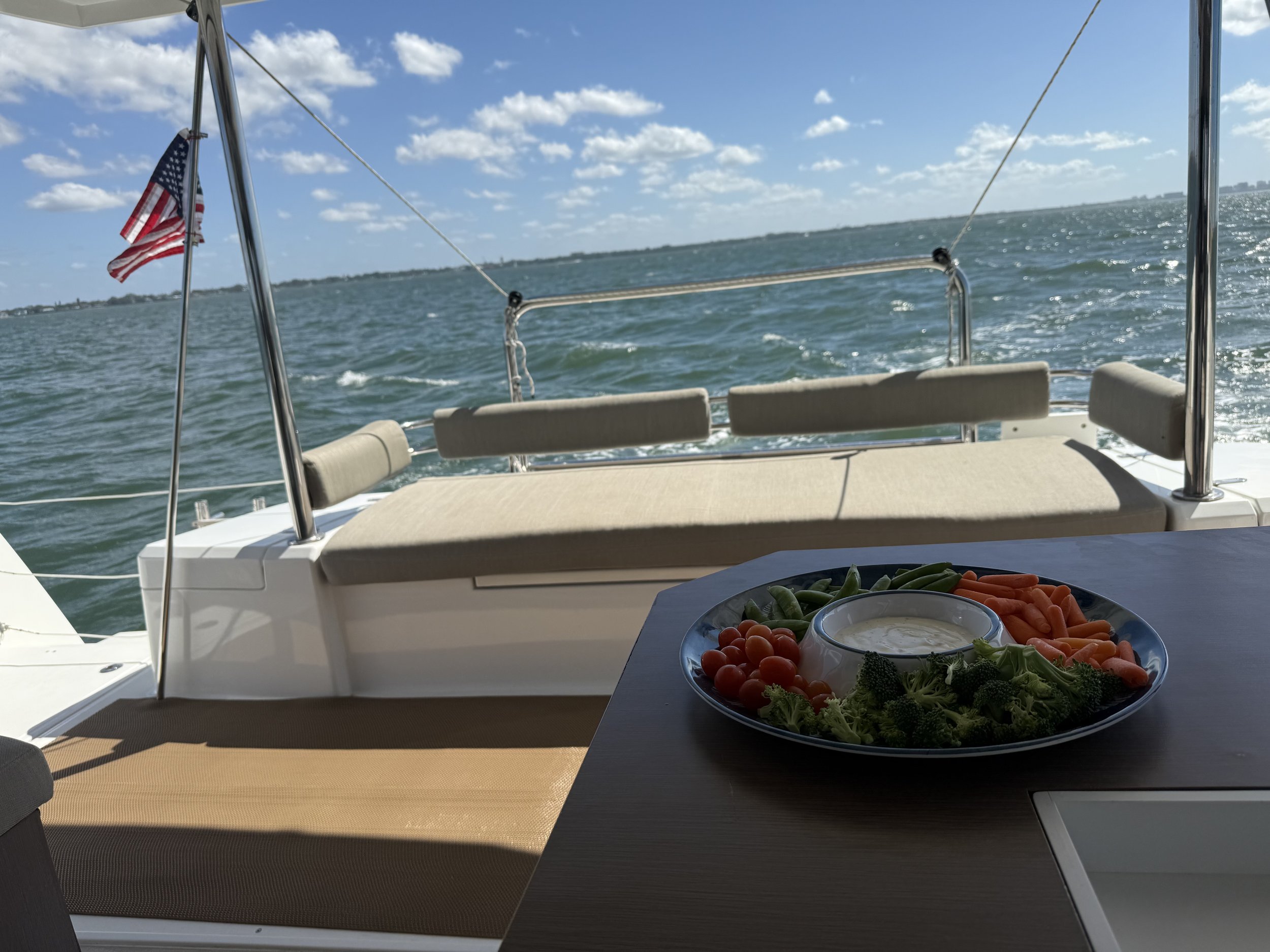Deck of a boat with an American flag, sea view, and a plate of vegetables with dip.