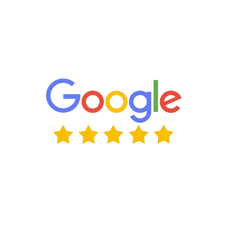 Google logo above five yellow stars in a line, symbolizing five-star reviews.