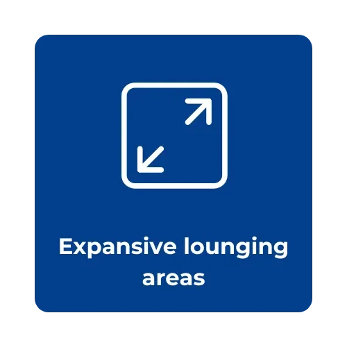 Sign indicating expansive lounging areas with arrows pointing outward.