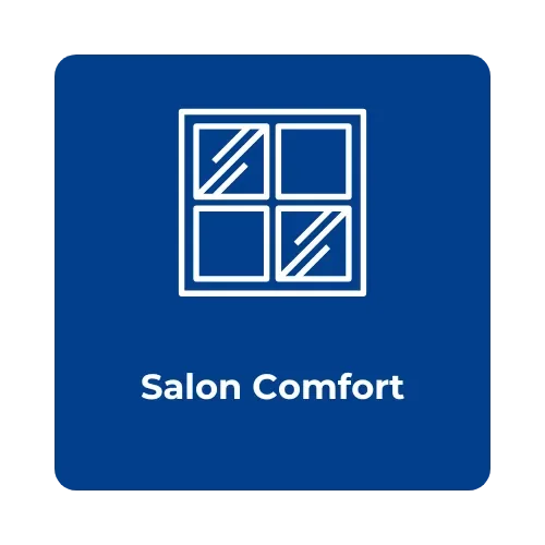 Logo for Salon Comfort with a stylized window icon and text