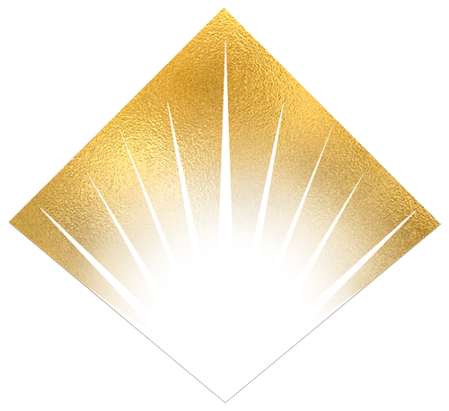 Gold and white geometric shape resembling a diamond or pyramid with radiant light emanating from the center