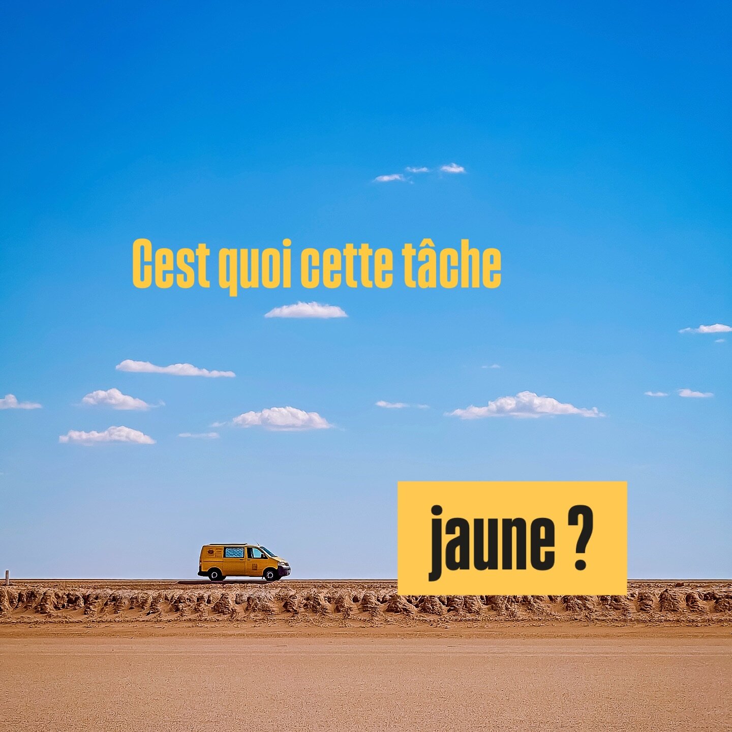 Tu vois cette tache jaune comme un citron dans le d&eacute;sert? 🍋 C&rsquo;est pas pour voyager. 
C&rsquo;est pour pr&eacute;parer les voyages.

Il s&rsquo;appelle Bobby. Pas discret mais vitamin&eacute; !
C&rsquo;est ma maison, mon bureau roulant, 