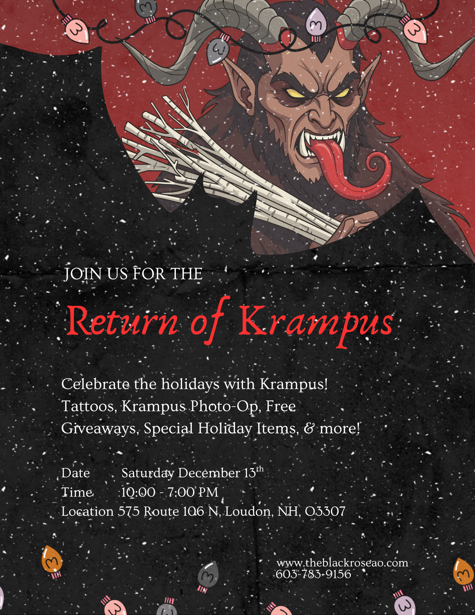 A festive holiday invitation featuring a mythical Krampus figure at the top, with horns, sharp teeth, and a long red tongue, set against a red moon and snowy night sky background. The event details include the date, time, location, and activities like tattoos, photo opportunities, giveaways, and holiday items.