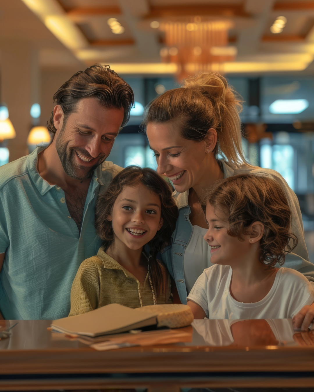 A happy family of four, including a father, mother, and two children, gathered around a table in a warmly lit restaurant, looking at a menu and smiling.