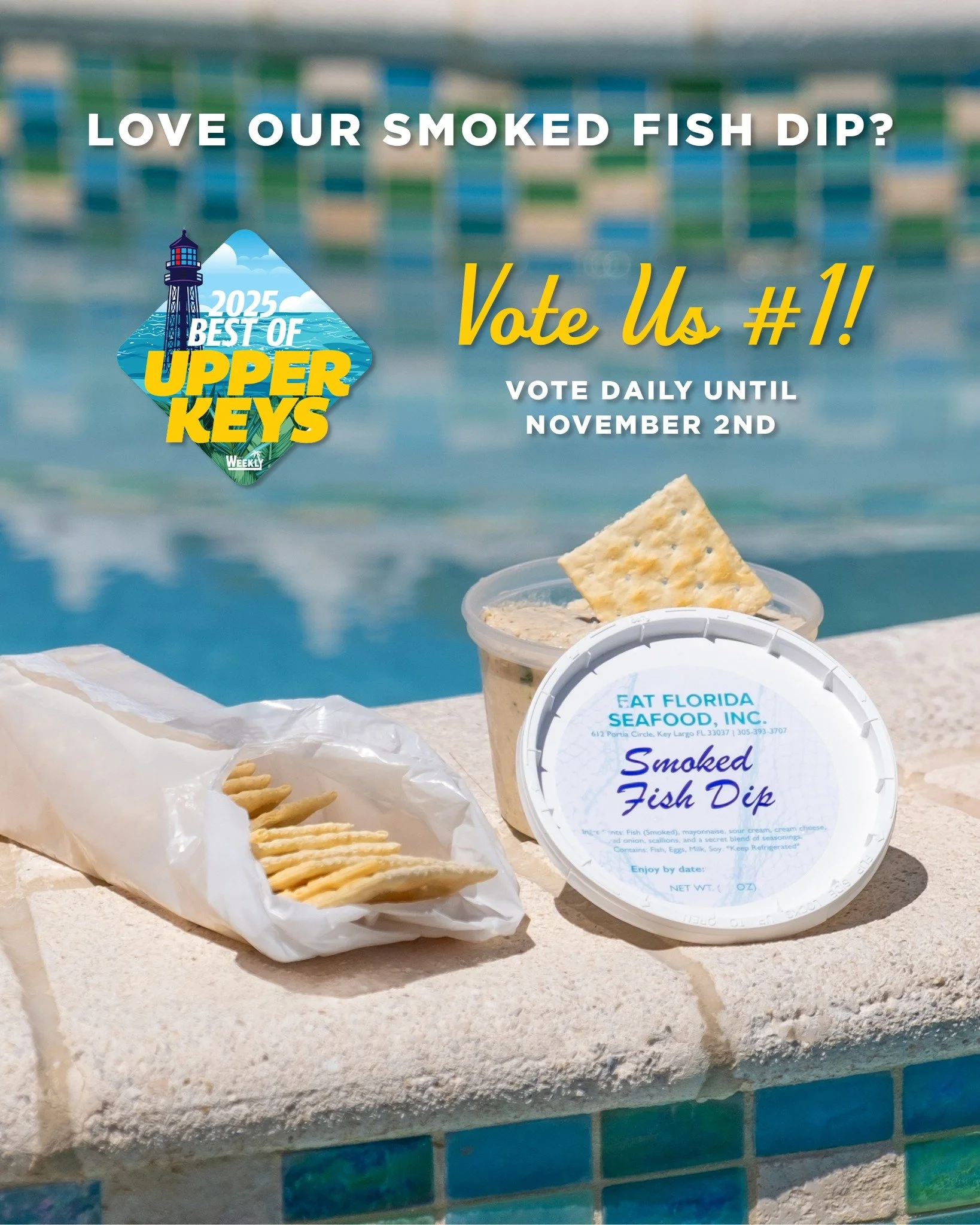 Thank you to our amazing community for voting our Smoked Fish Dip into the Top 3 for Best of the Upper Keys! ๐๐ 
We’re honored to be recognized among the best — but we’re aiming for that #1 spot where we belong! Cast your vote an