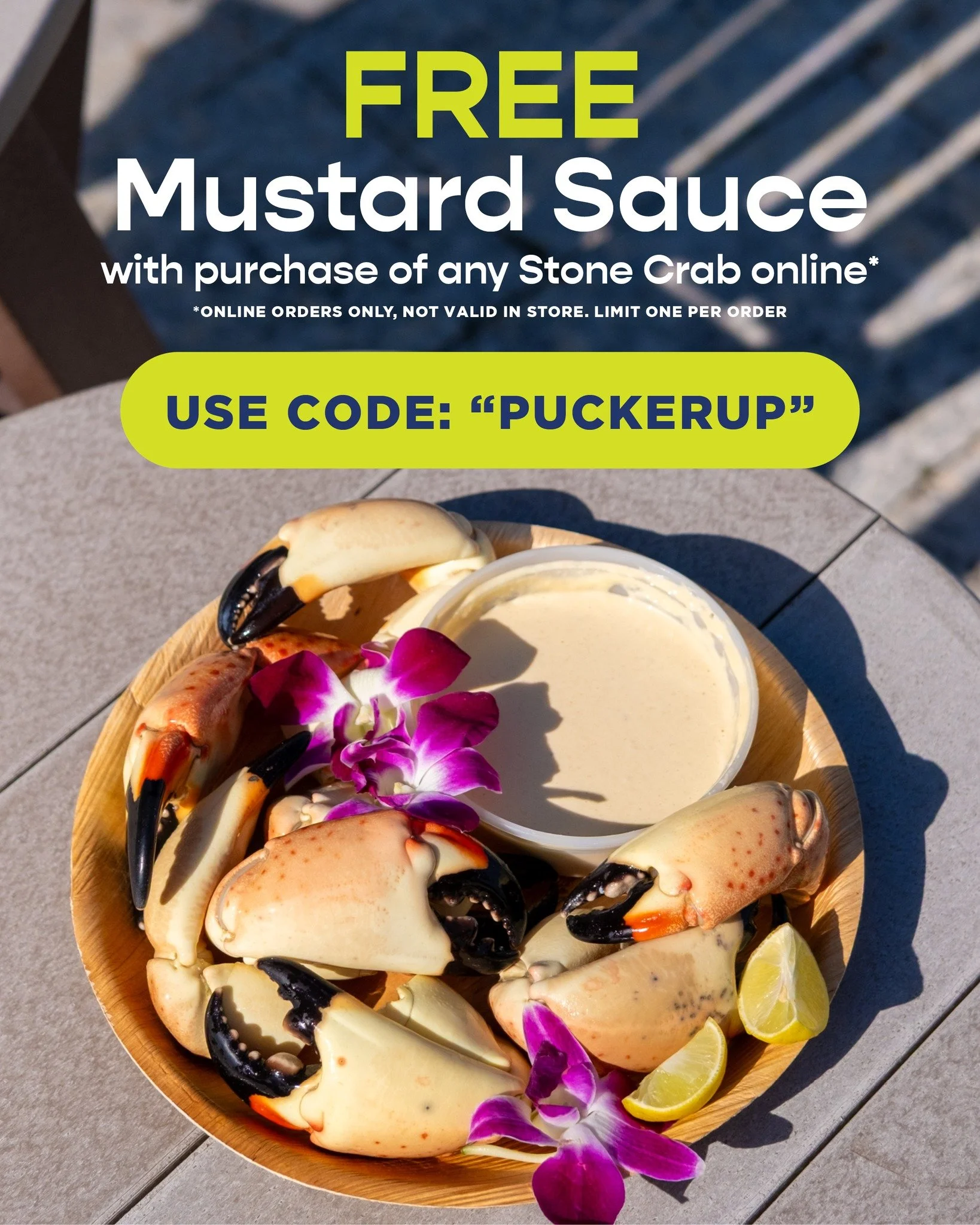 To celebrate stone crab season and the opening our new online market, you'll get a free mustard sauce with every online stone crab order! 🦀

Add both to your cart and use code PUCKERUP at checkout. Online only, while supplies last.

Shop now 👉 EatF