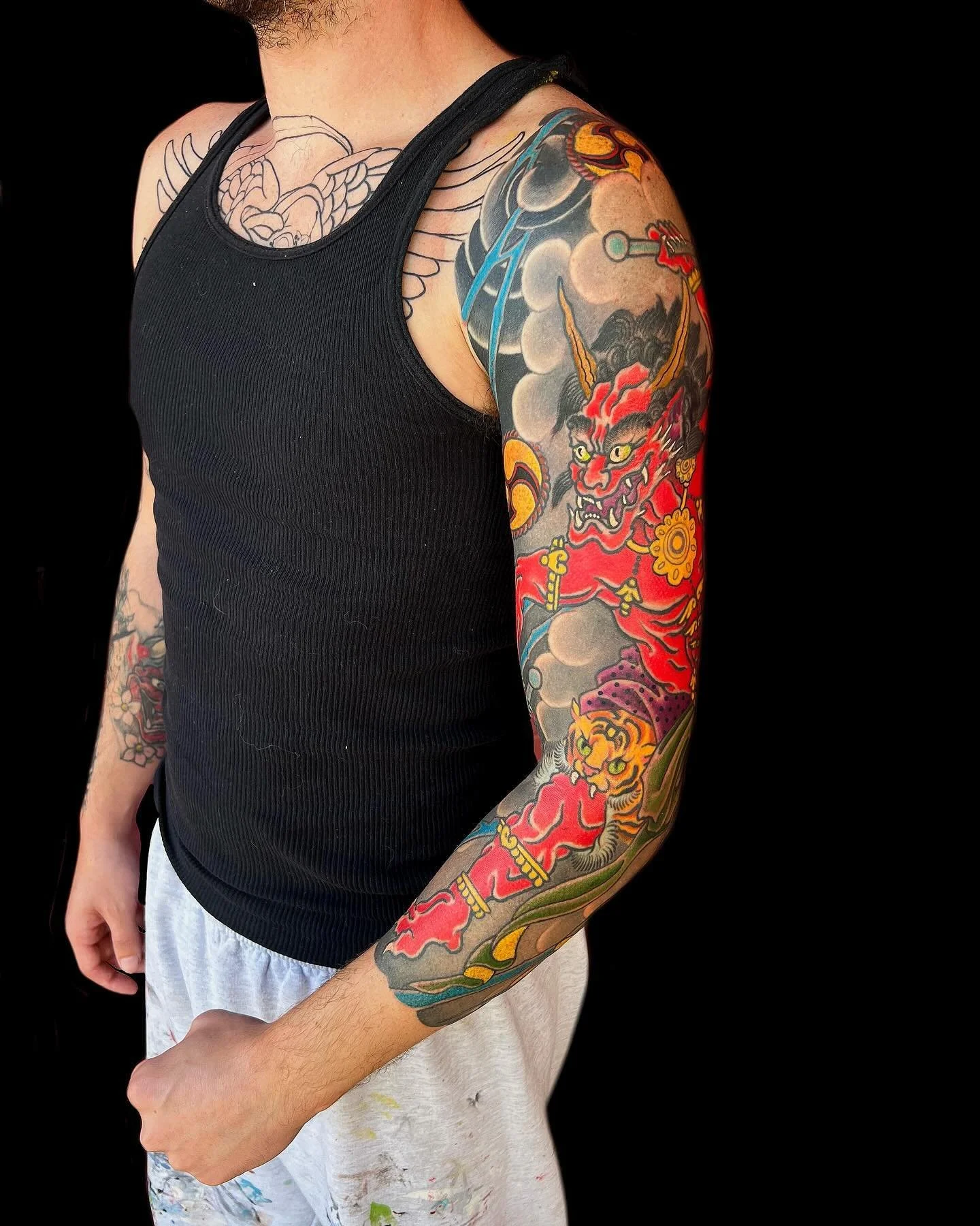 Raijin Sleeve by @donnynewmantattoos 
.
He is booking January 
.
.
.
.
.
.
.
.
.
.
.
.
.
.
#atx #austin #texas #atxtattooshop #yanagitattoo #yanagitattooaustintexas