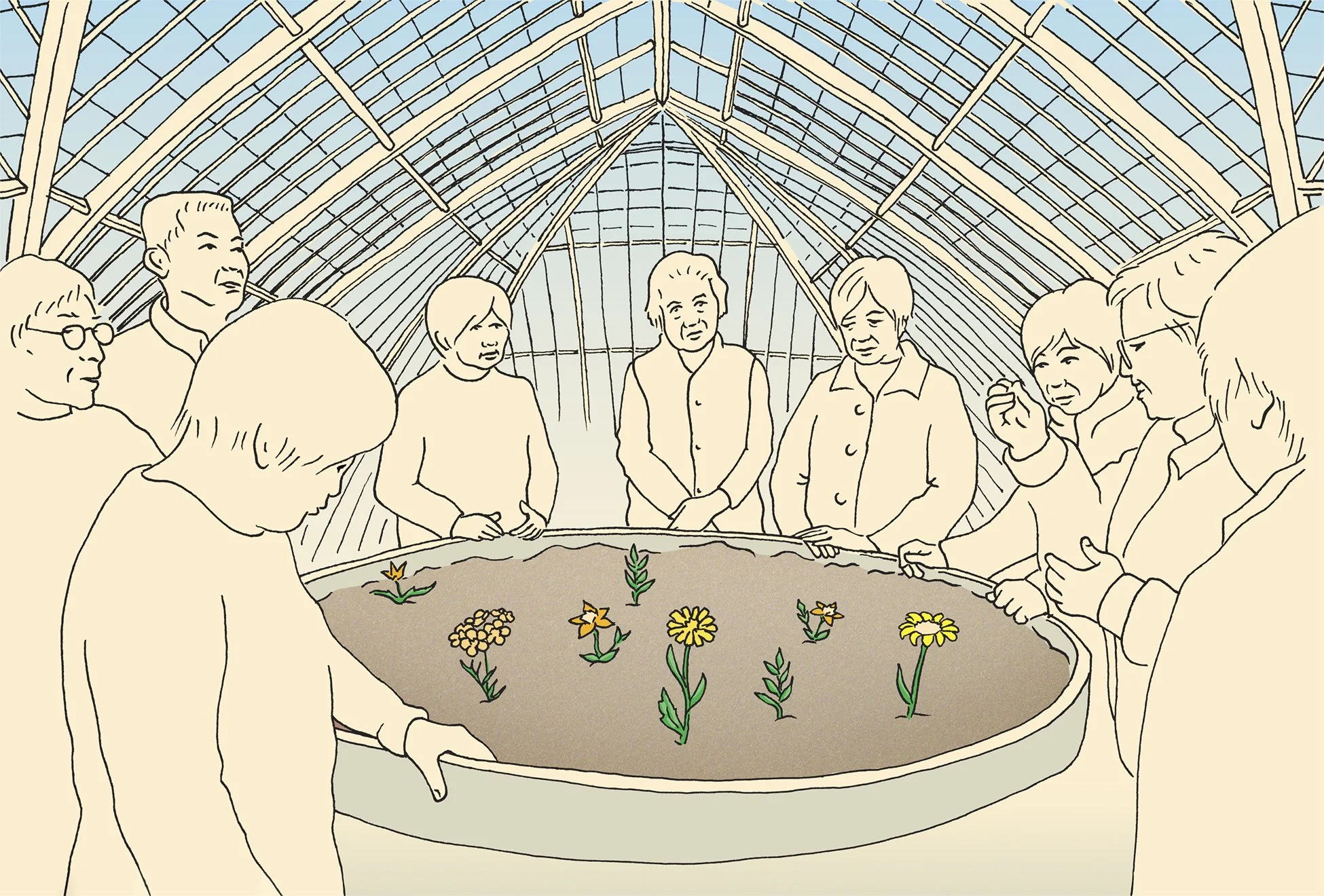 A group of elders at a workshop in the center of their greenhouse