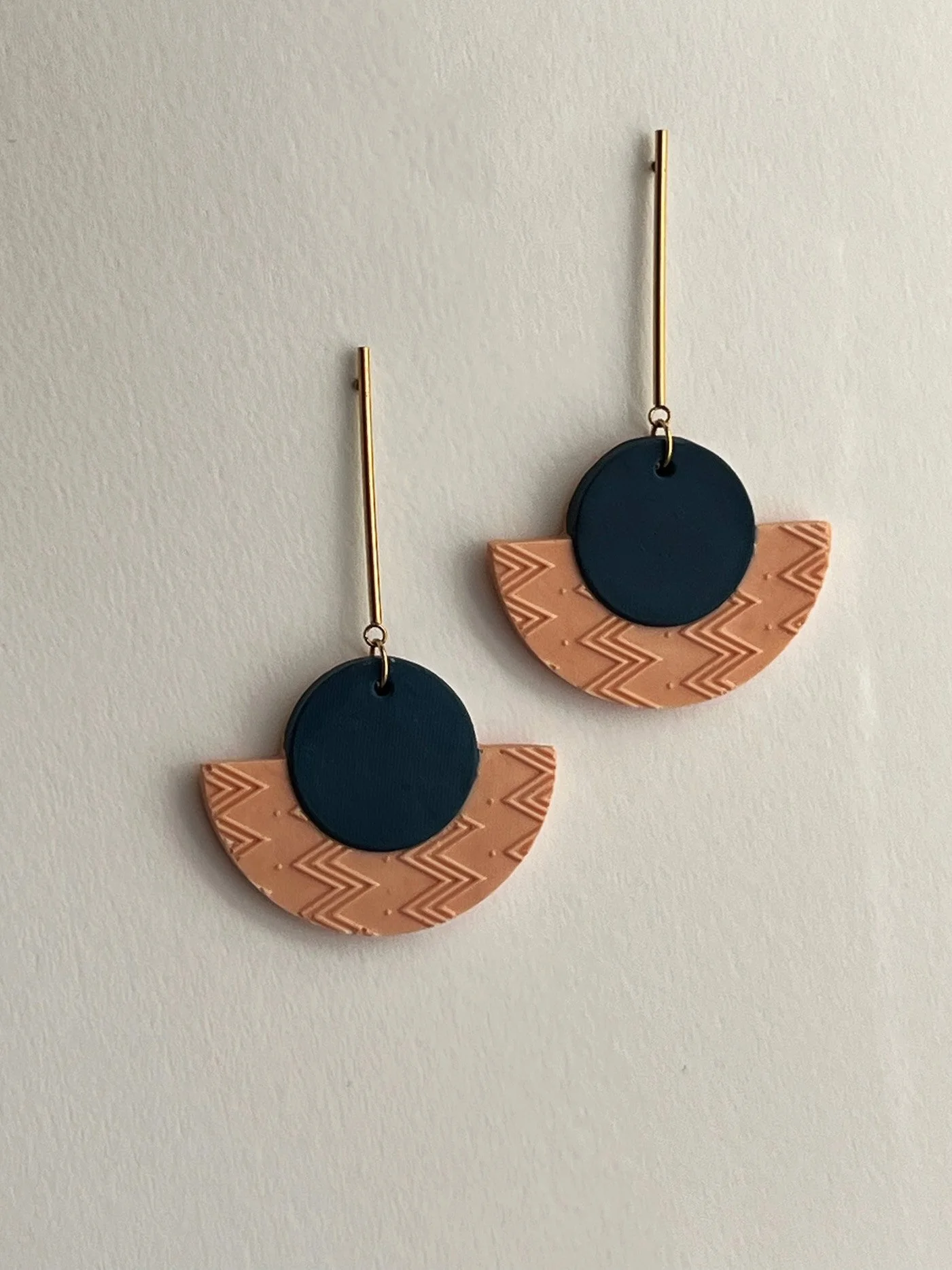 Salmon and blue handmade Jesmonite earrings with long ear studs