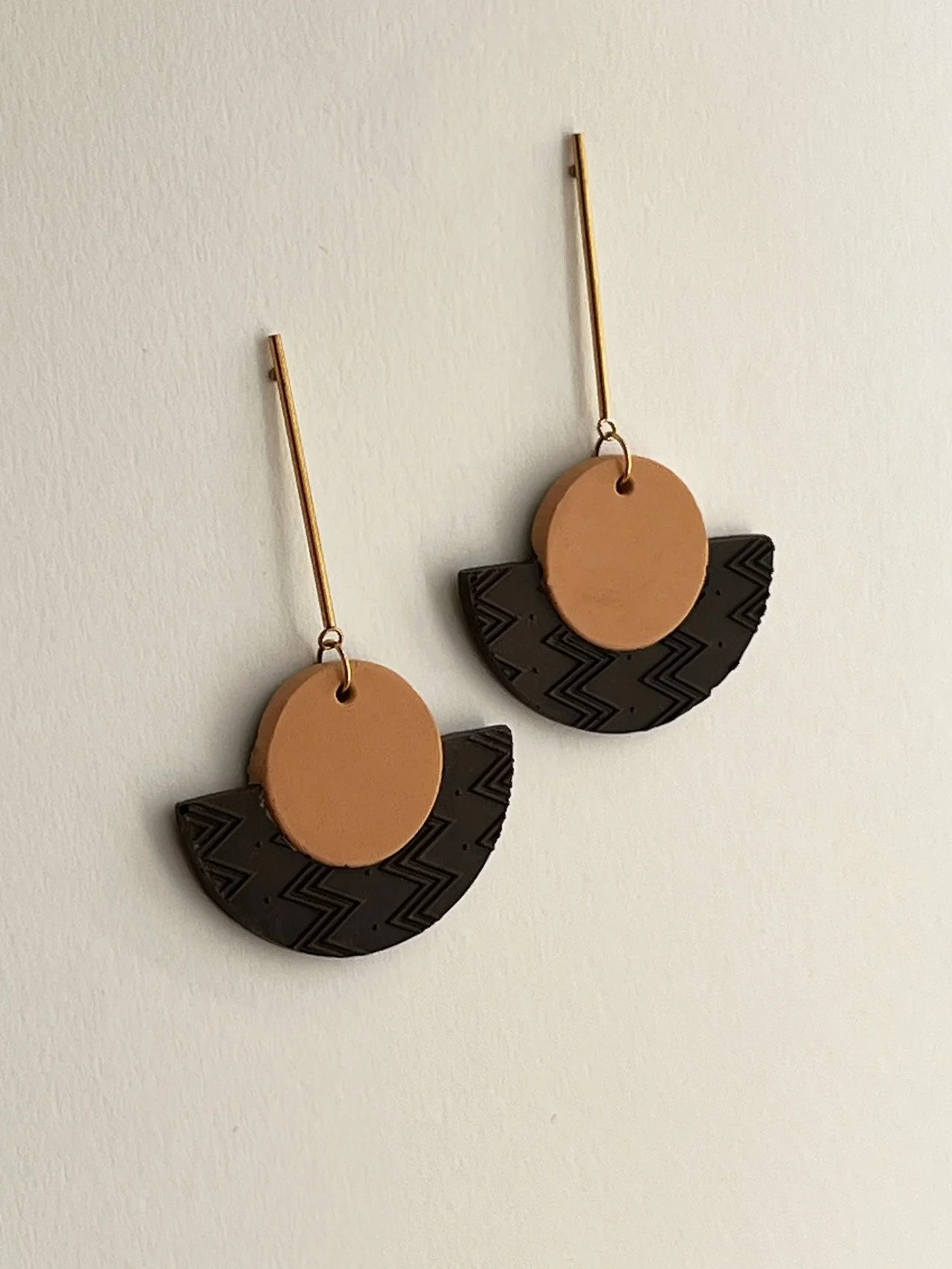 Brown clay handmade Jesmonite earrings with long ear studs