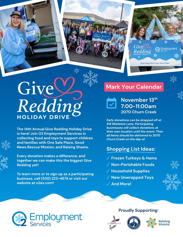 Give Redding 2026 event flyer hosted by O2 Employment Services