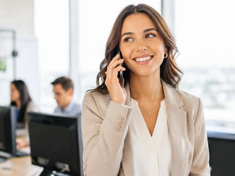 A business woman on the phone with her employment services company in Redding, California.