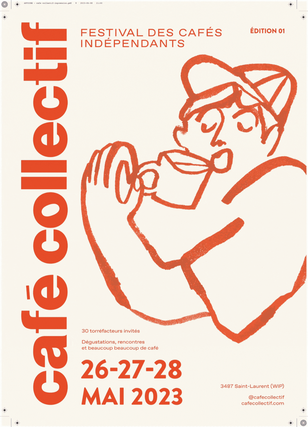 GIF de l’affiche événement Café Collectif avec quatre déclinaisons de couleurs pour communication visuelle.