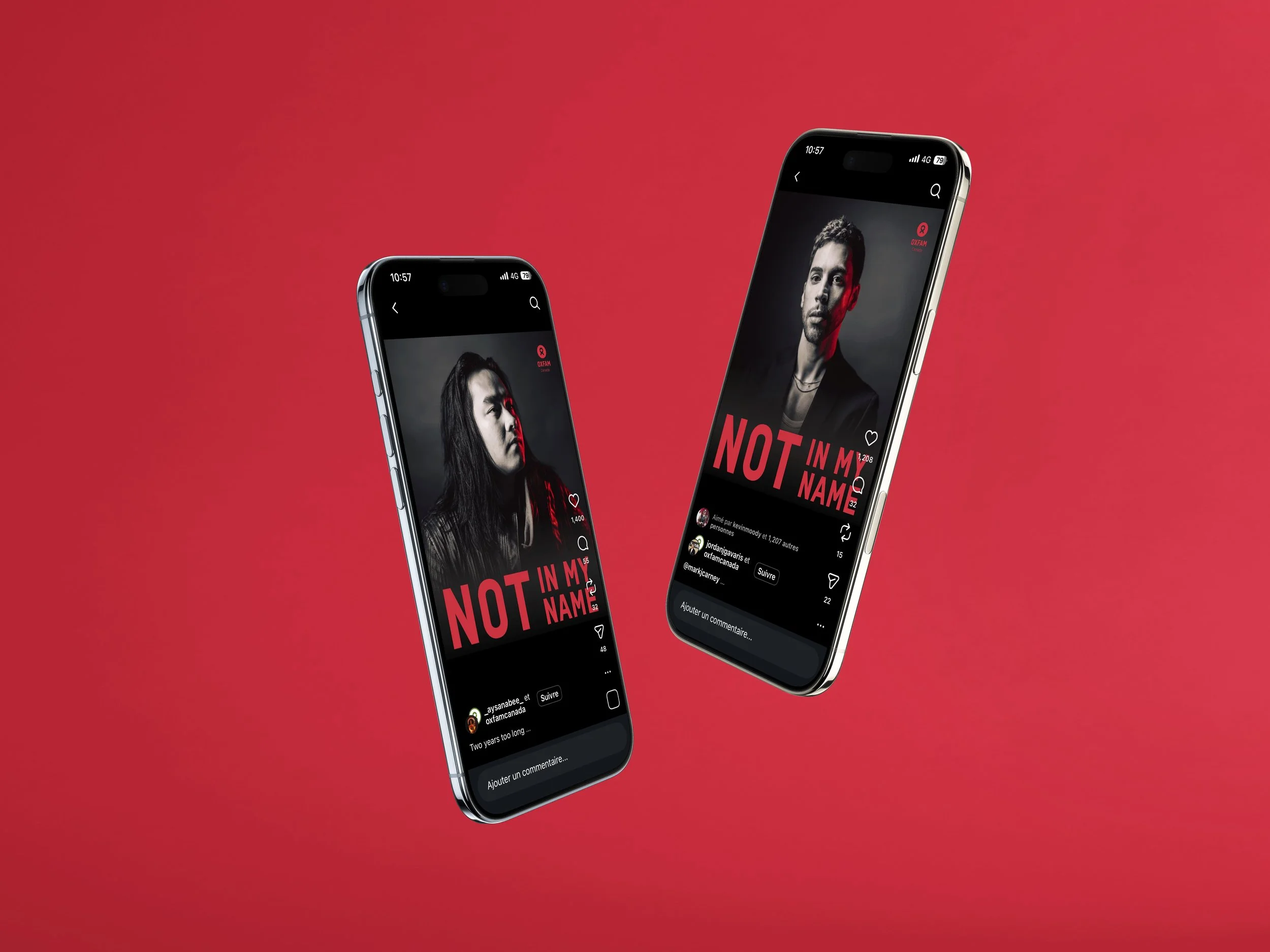 Mockup de téléphone affichant des publications de campagne sur les réseaux sociaux.