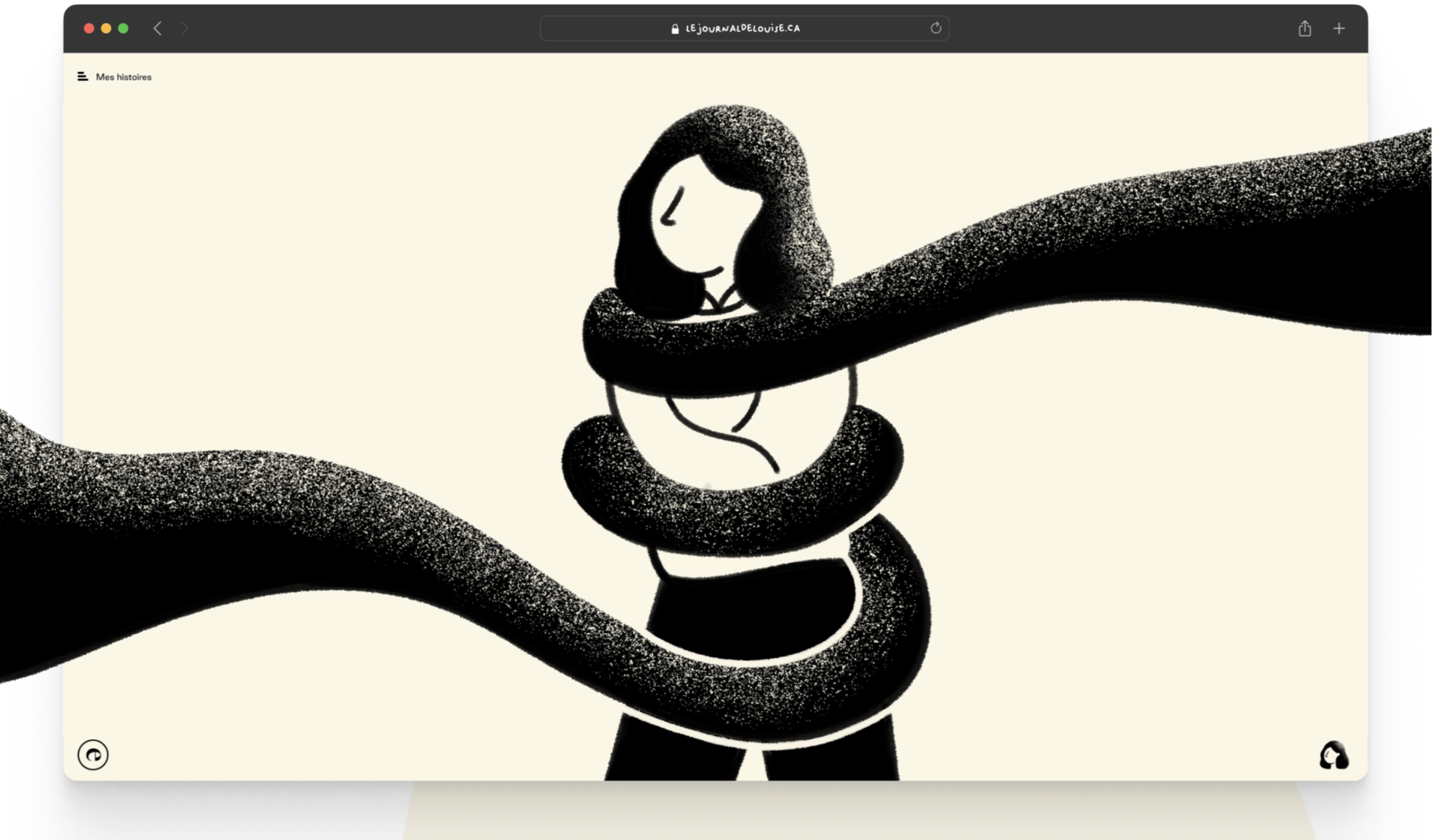 Capture d’écran du site Le Journal de Louise avec illustration narrative de Louise entourée et bloquée.