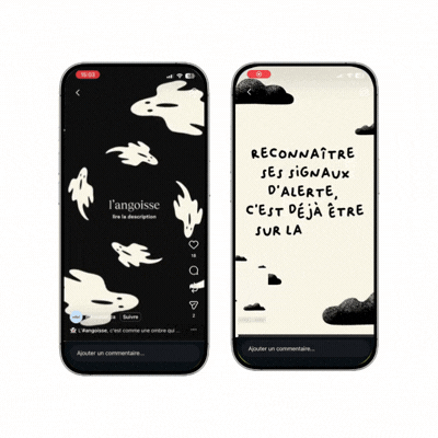 Deux mockups de téléphones montrant des stories animées avec texte au centre, fantômes tournants et nuages.