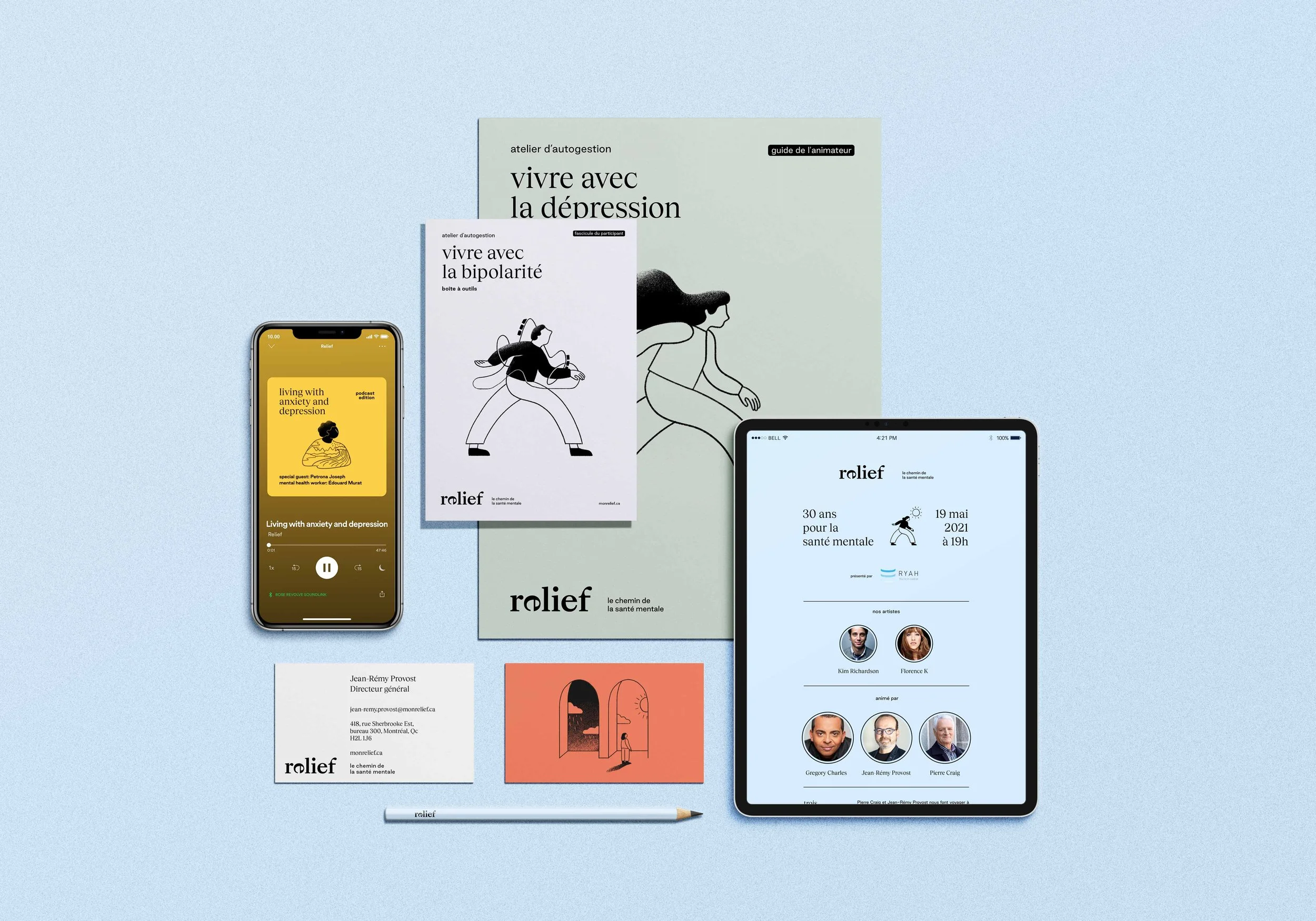 Mockup de supports marketing avec branding Relief sur livre, smartphone, iPad, stylo et cartes de visite.