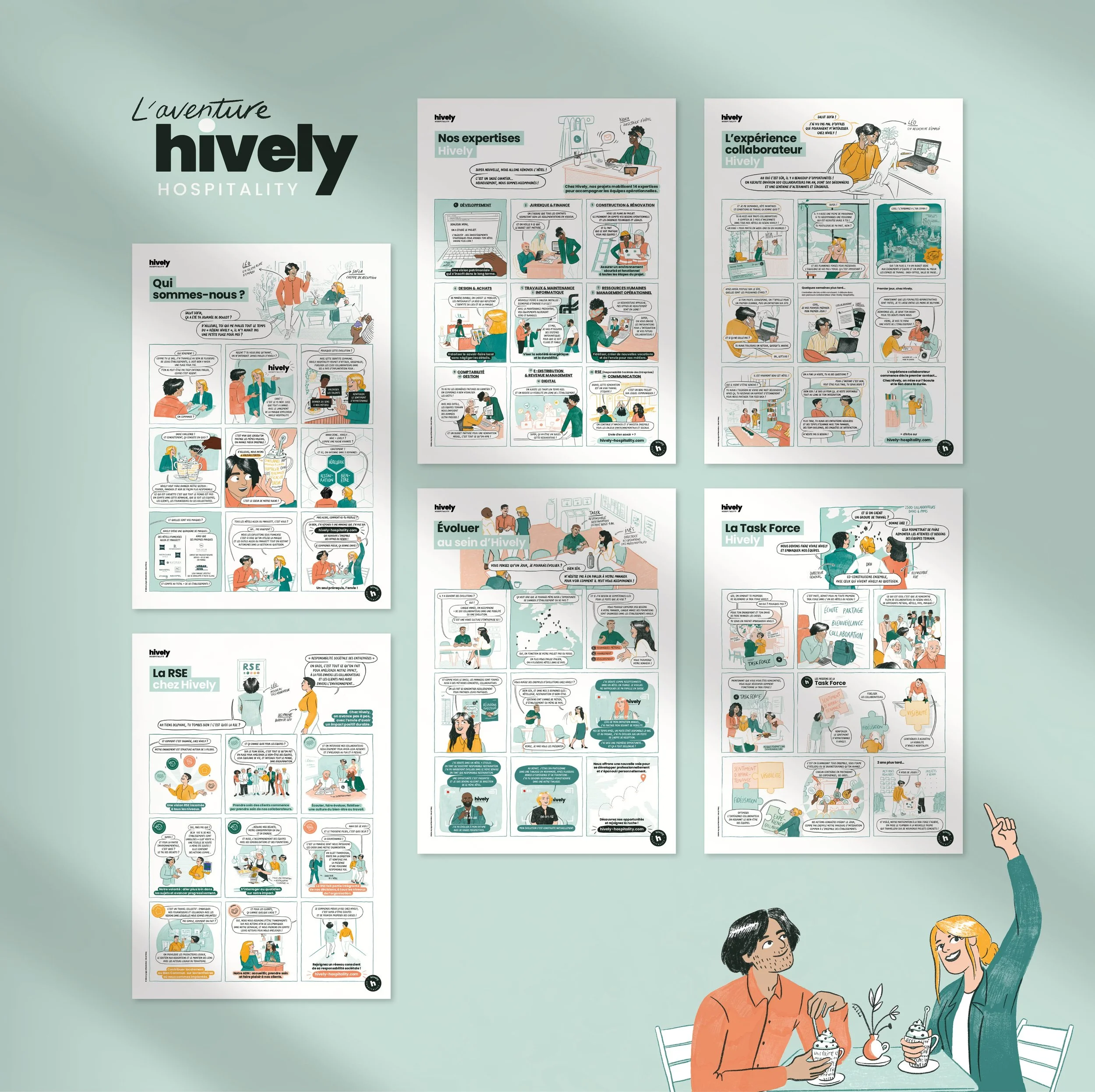 6 affiches de bande dessinée qui parlent d'Hively Hospitality : expertises, métiers, valeurs, engagement, RSE, évolution, événements, etc.