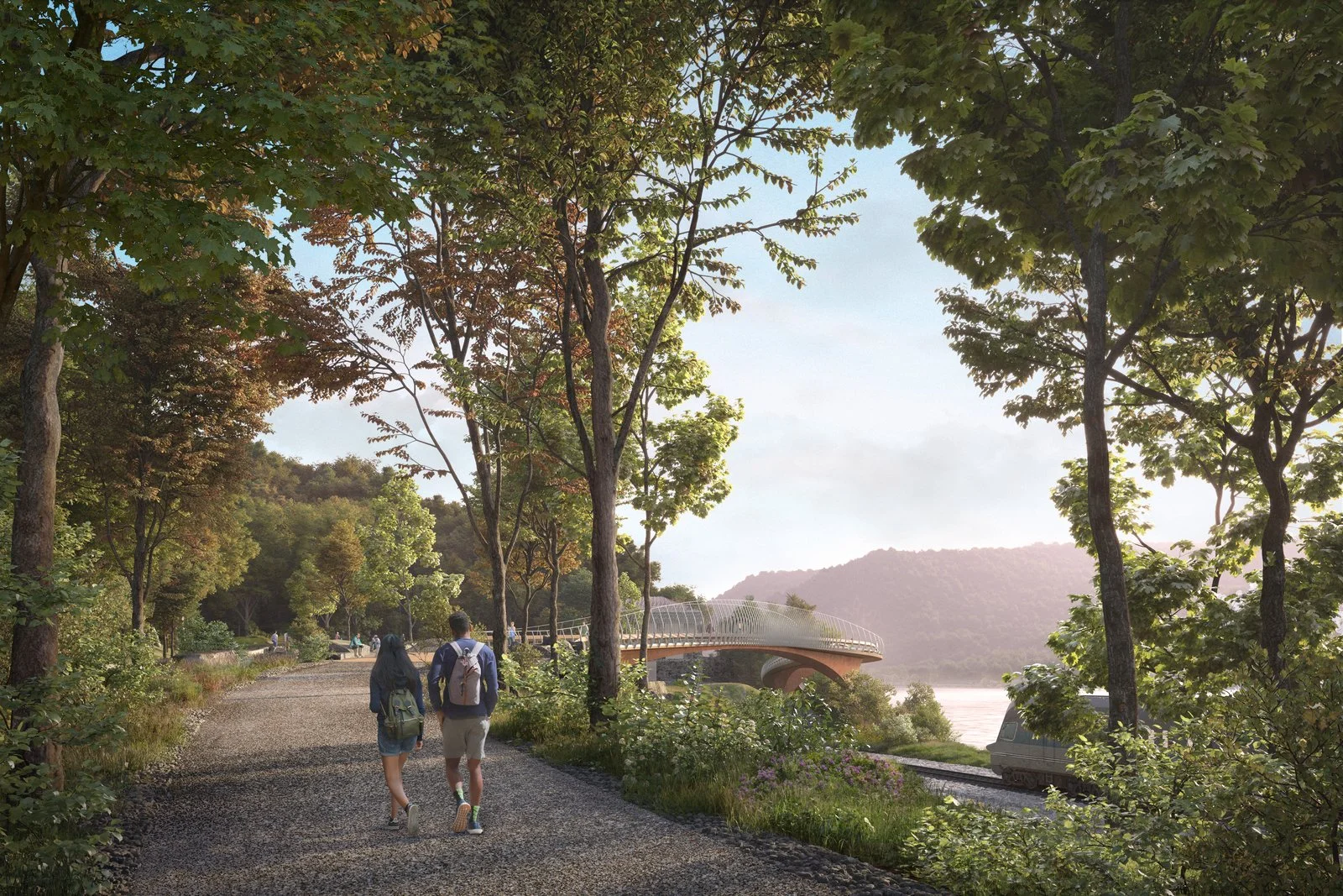 Concept rendering of planned improvements at Breakneck Ridge: A couple walking on a tree-lined pathway near a river with a bridge in the background.