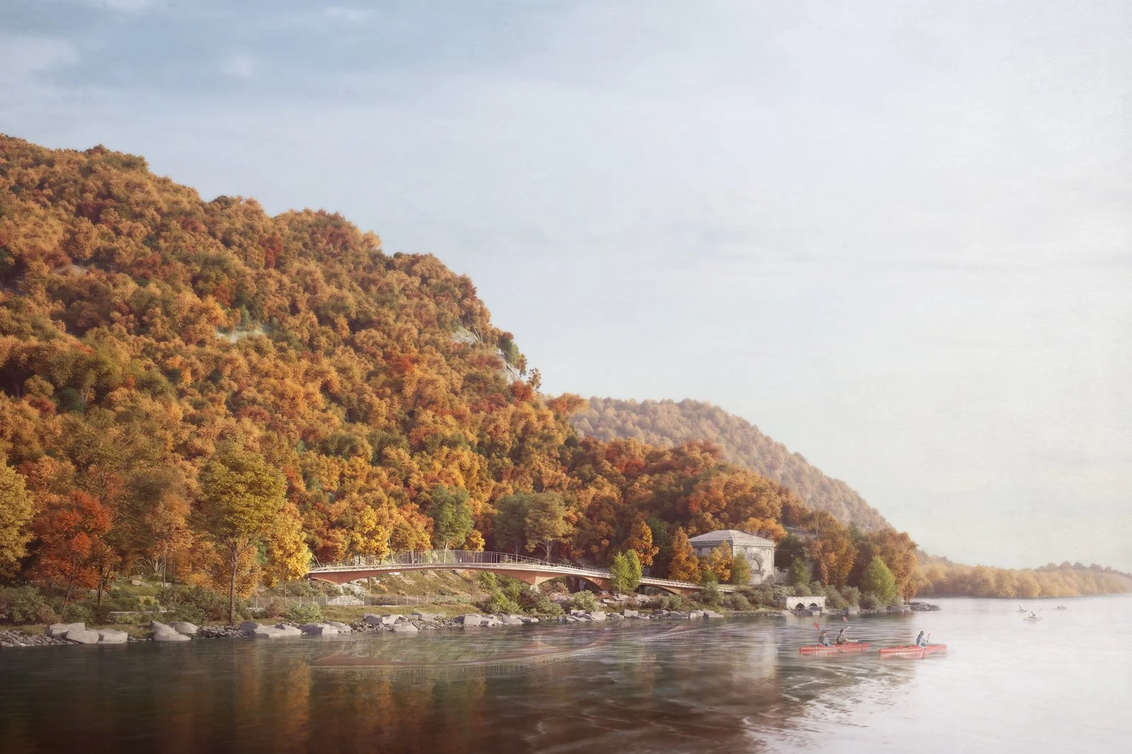 Concept rendering of planned improvements at Breakneck Ridge: Scenic autumn landscape showing the Hudson River, forested hills in fall colors, a footbridge, and kayakers on the water.
