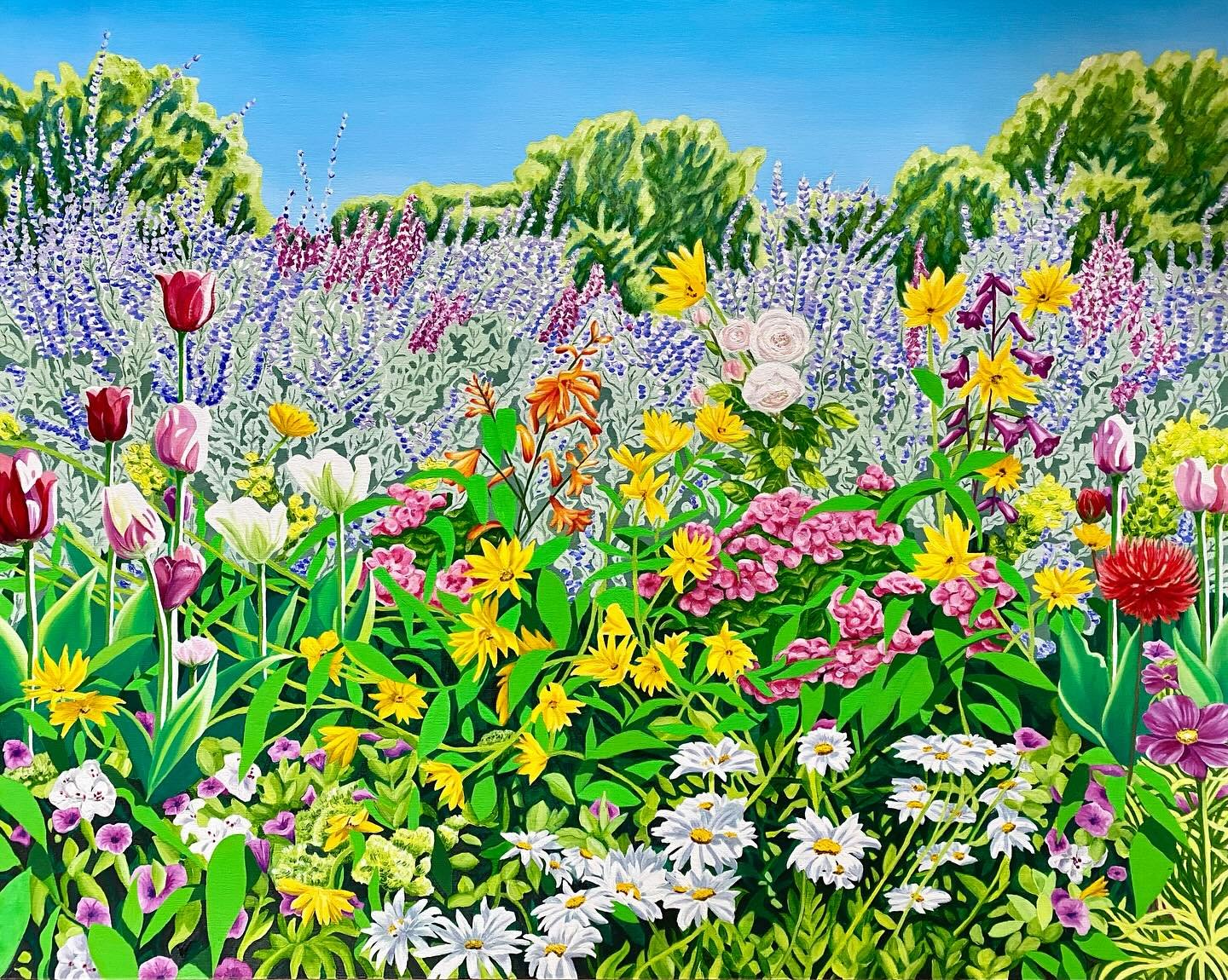 Flower Garden, 2024, 1m x 80cm, oil on canvas. PRINTS AVAILABLE.  #flowers #garden #flowergarden #landscapepainting #contemporaryart #oiloncanvas #oleosobrelienzo #flowerpainting #colour #flores #jardin #nature #loveflowers #tulips #dahlia #lavender 