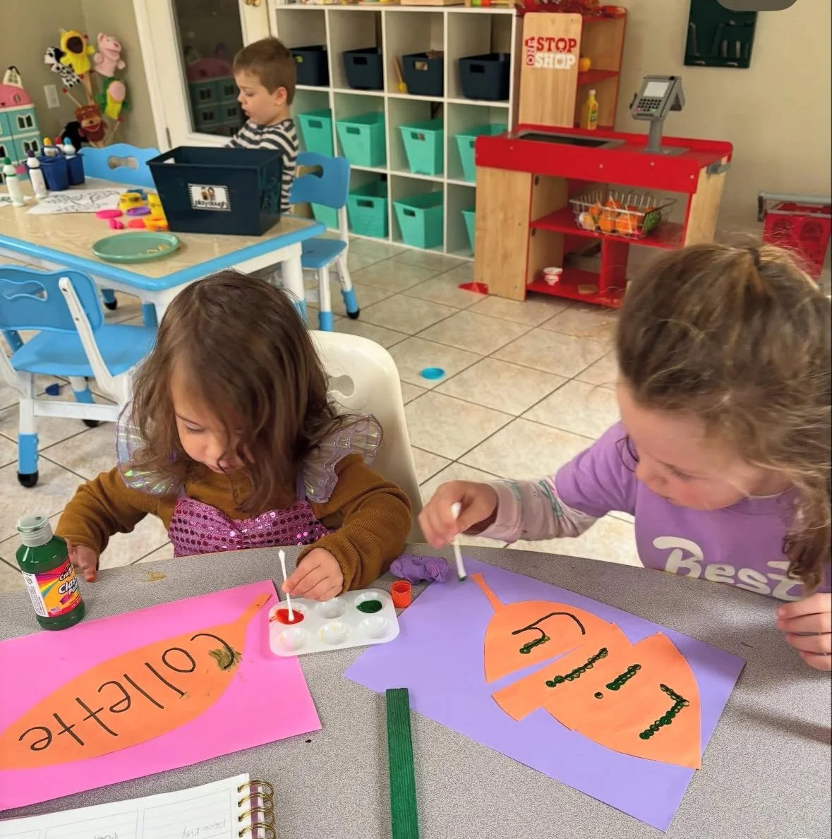 Fine motor skills are essential to a child's development. We make sure to provide multiple tools to help the students identify and write the letters of their name as well as the letters we learn throughout the year.