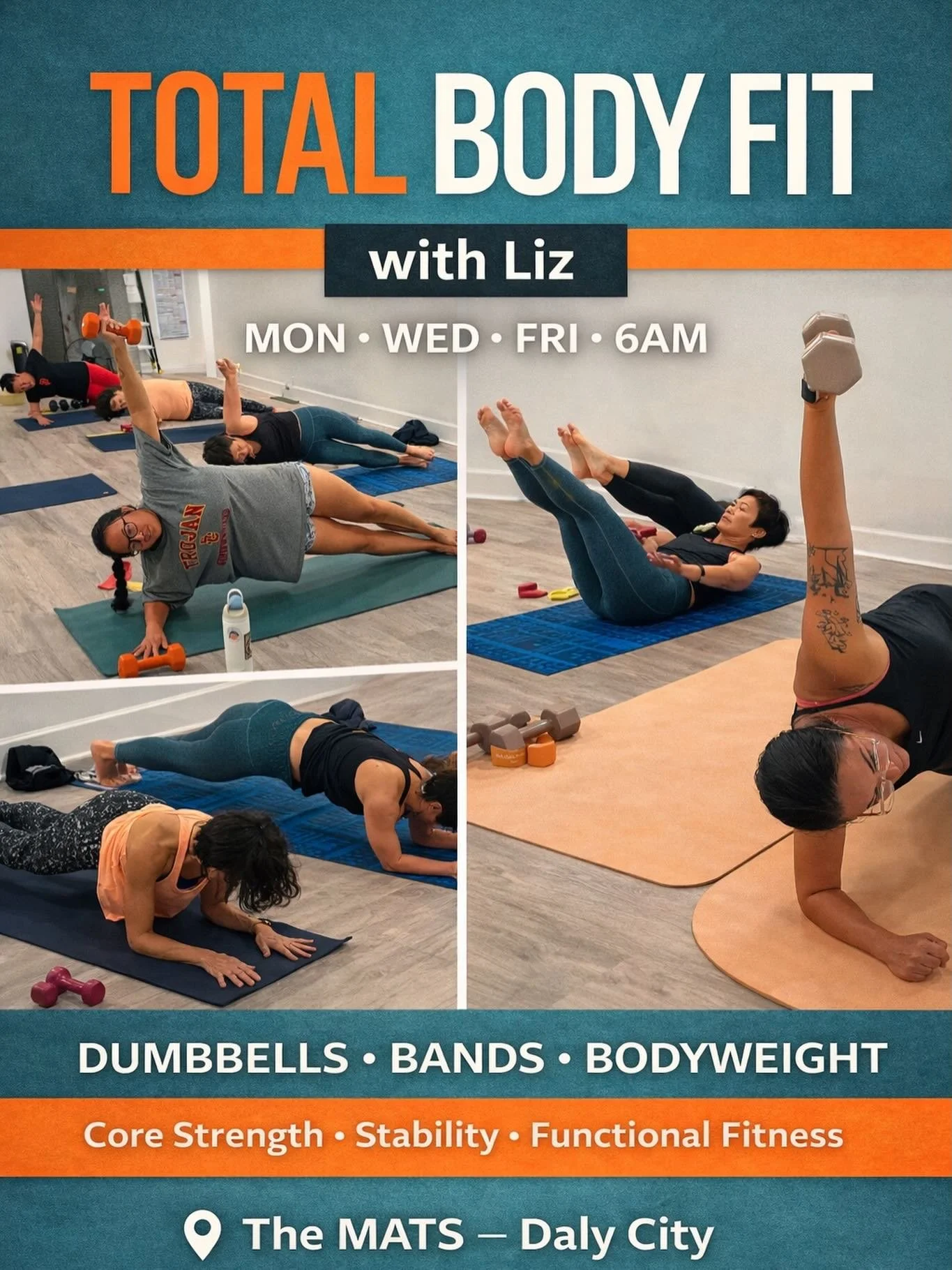 TOTAL BODY FIT &ndash; 6AM Crew 🔥

Dumbbells. Bands. Core work. Full-body strength.

Liz&rsquo;s Total Body Fit class is the perfect way to start your day strong and build the strength that supports your yoga practice.

📍The MATS Daly City
⏰ Mon &b