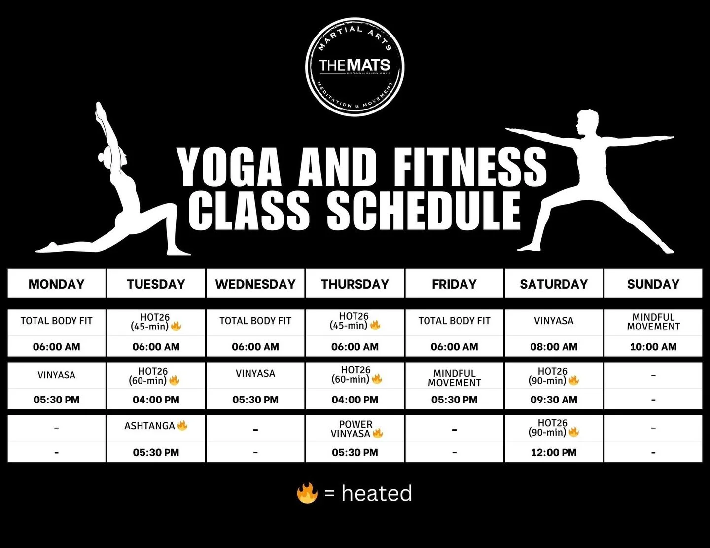 🍀 March schedule update at The MATS 🔥

A few changes are happening as we move into the new month. 

Our Wednesday 4pm Pop-Up Hot Yoga class will no longer be offered. But don&rsquo;t worry we&rsquo;re adding a Pop-Up Hot 26&amp;2 Yoga class on Satu