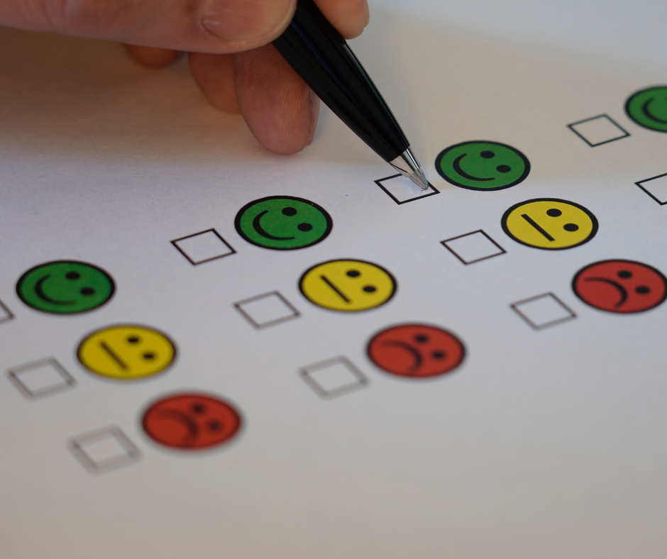A photo of a survey depicting a smiling face, neutral face and sad face emoji.