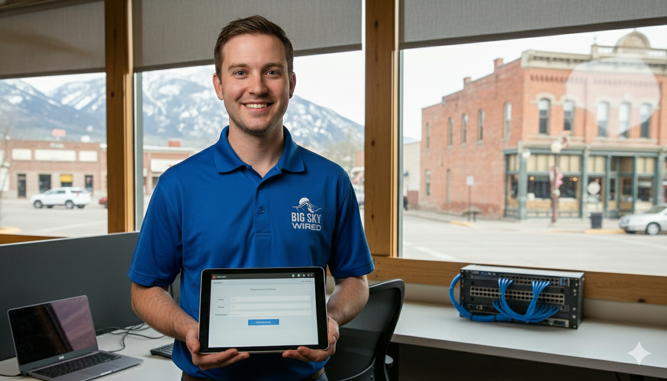 Big Sky Wired technician holding a tablet in the Bozeman office
