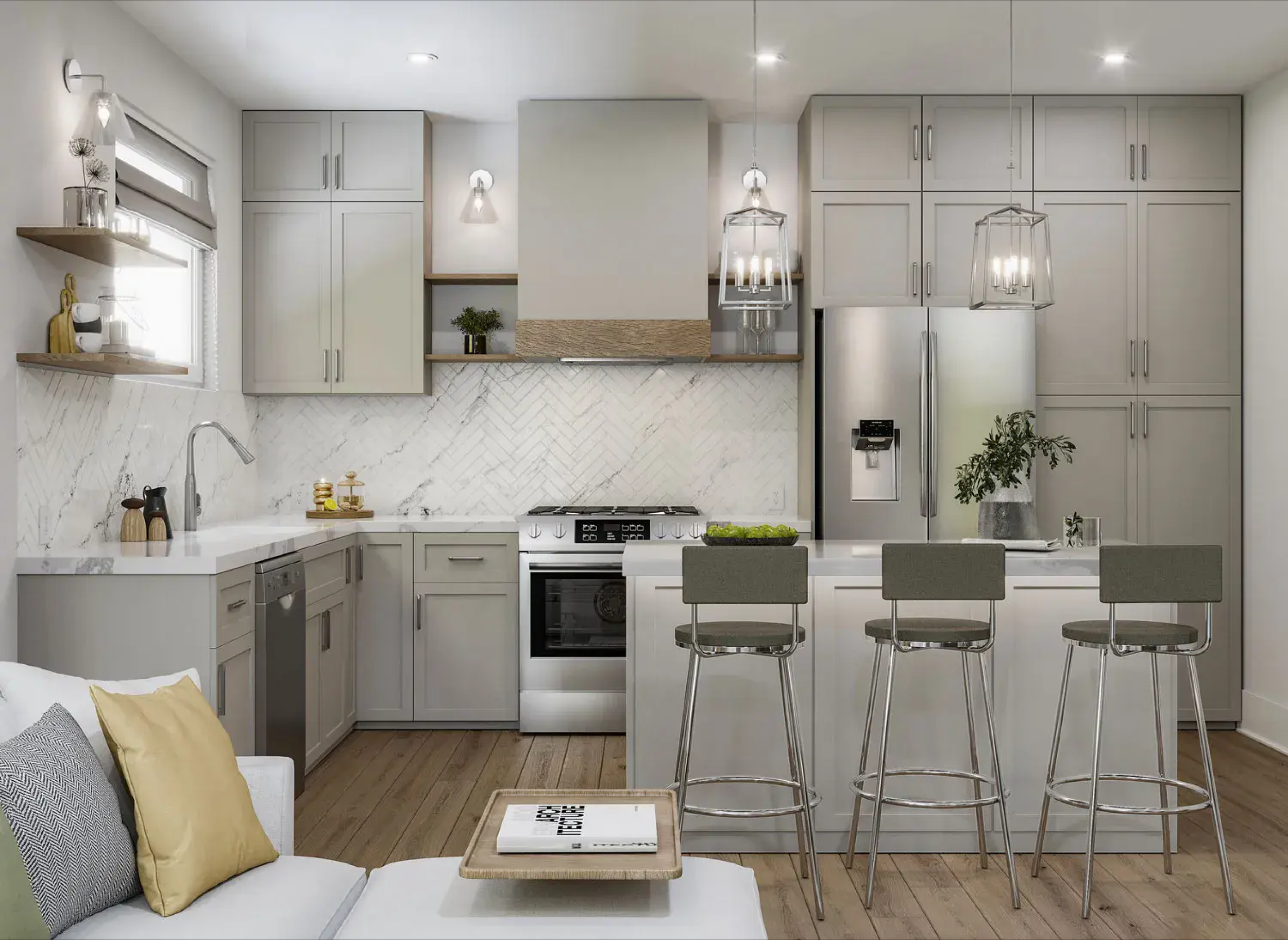 Modern kitchen with light gray cabinetry, herringbone backsplash, stainless steel appliances, and large island with seating; open shelving, pendant lighting, and wood flooring create a warm, contemporary look