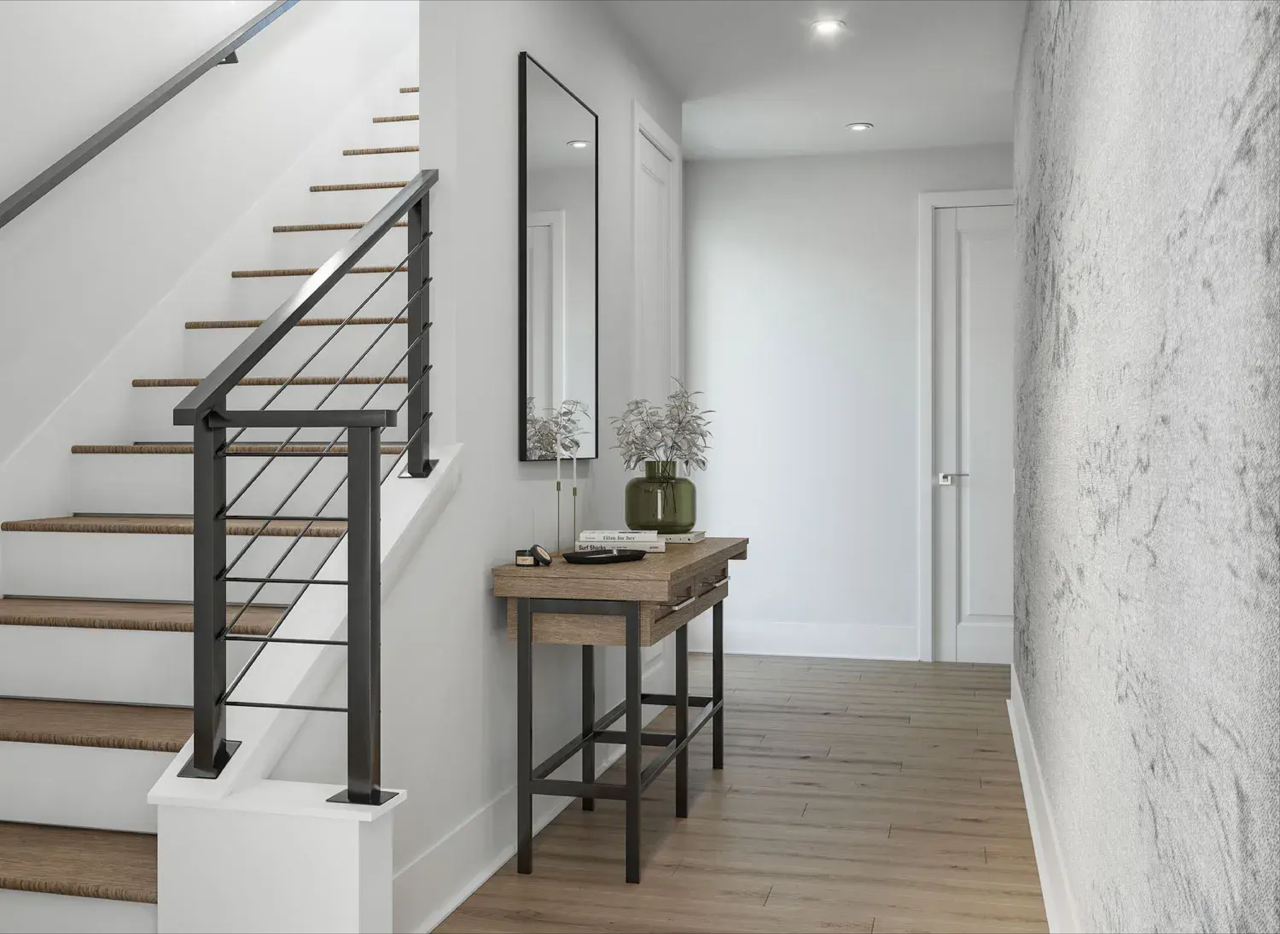 Bright entryway with light wood flooring, modern black metal staircase railing, and view into cozy living room with large windows, neutral-toned curtains, indoor plants, and minimalist furniture; open, airy design with clean lines and natural light.