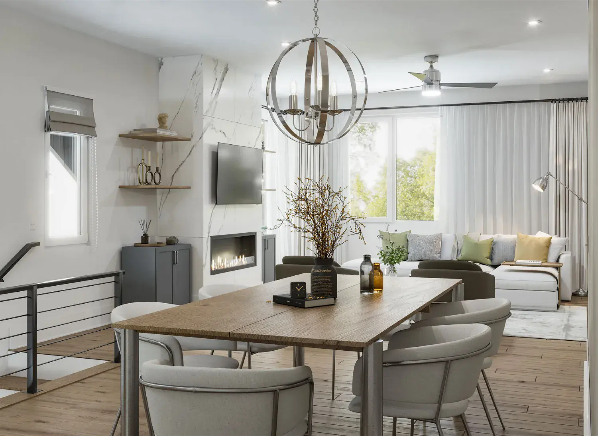 Open-concept dining and living area with modern chandelier, wood dining table, upholstered chairs, marble-accented fireplace, and cozy sectional sofa; large windows and contemporary decor create a bright, inviting atmosphere.
