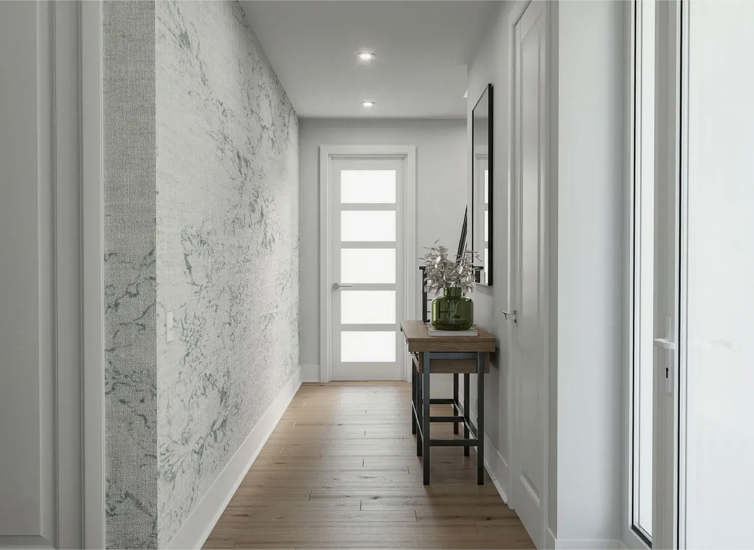 Bright entryway with light wood flooring, modern black metal staircase railing, and view into cozy living room with large windows, neutral-toned curtains, indoor plants, and minimalist furniture; open, airy design with clean lines and natural light.