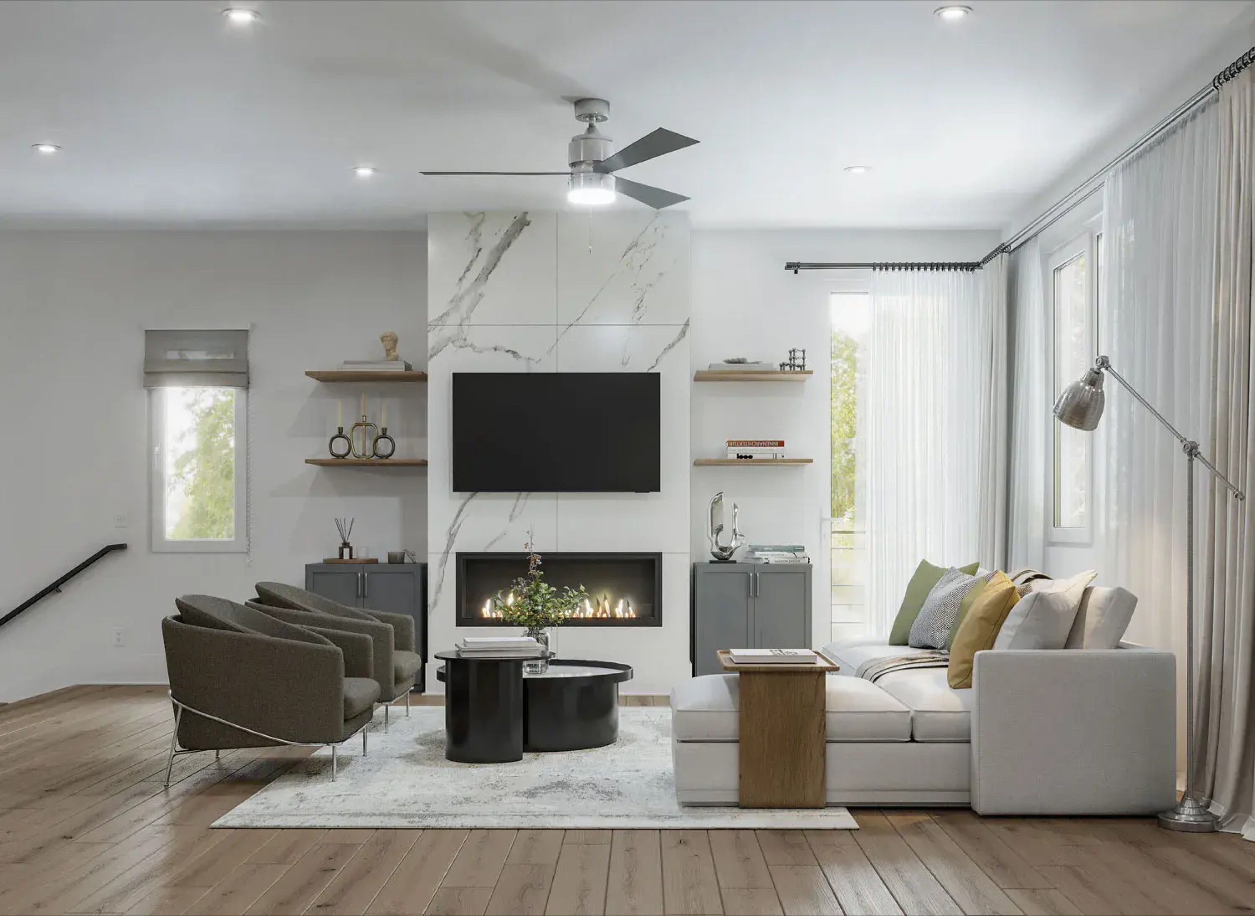 Modern living room corner with built-in dark cabinetry, marble countertop, open wood shelves styled with books and decor, and sleek linear fireplace; rooftop patio visible through doorway.