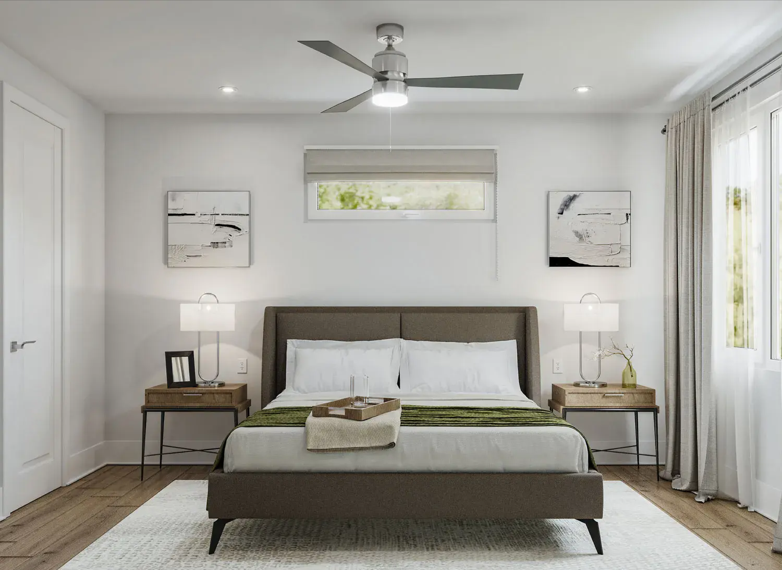 Minimalist bedroom with upholstered bed, modern ceiling fan, large windows, neutral decor, and nightstands with table lamps; serene, light-filled space with clean lines and natural tones.