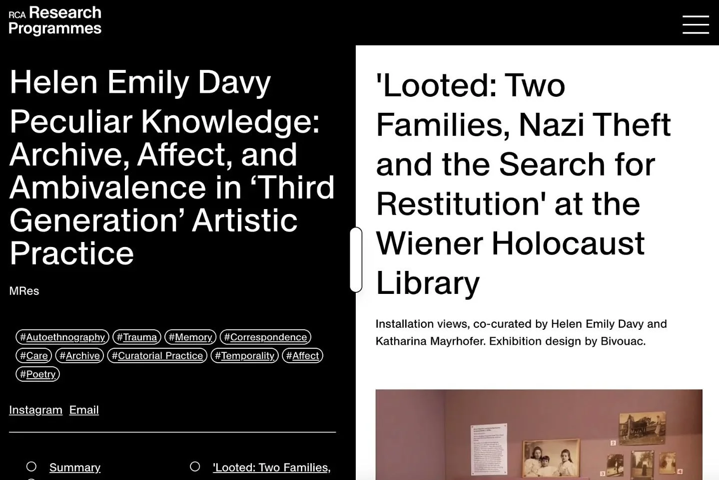 The RCA's research platform is now live including some snapshots of my work this year. There are photos of the exhibition Looted at @wienerlibrary alongside some new works and the prologue and introduction of my thesis Perculiar Knowledge: Archive, A