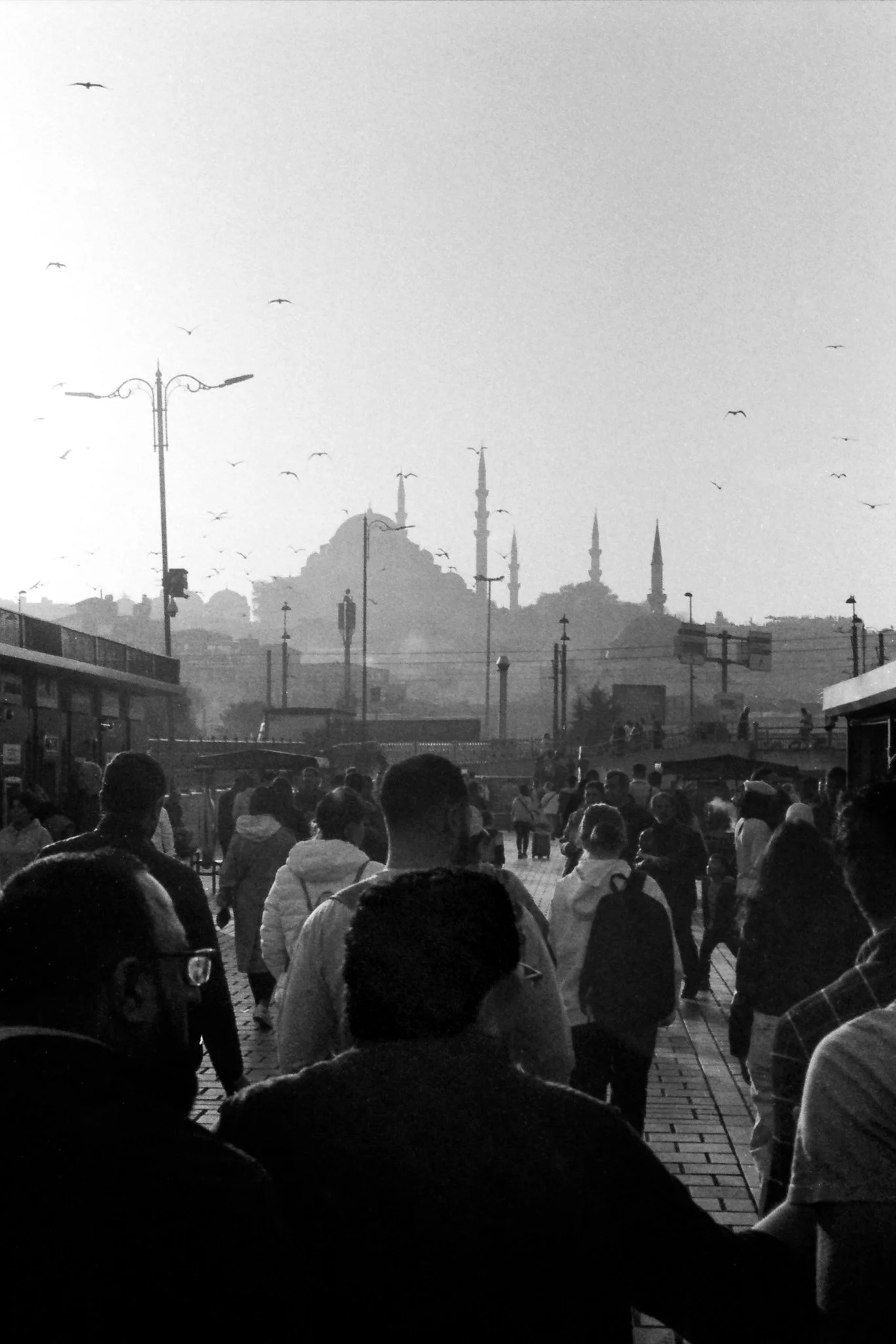 A black and white street photograph taken in Istanbul, capturing the movement of the city, crowded streets, mosque silhouettes, minarets and birds above the skyline. Photography by Gökhan Kutluer.