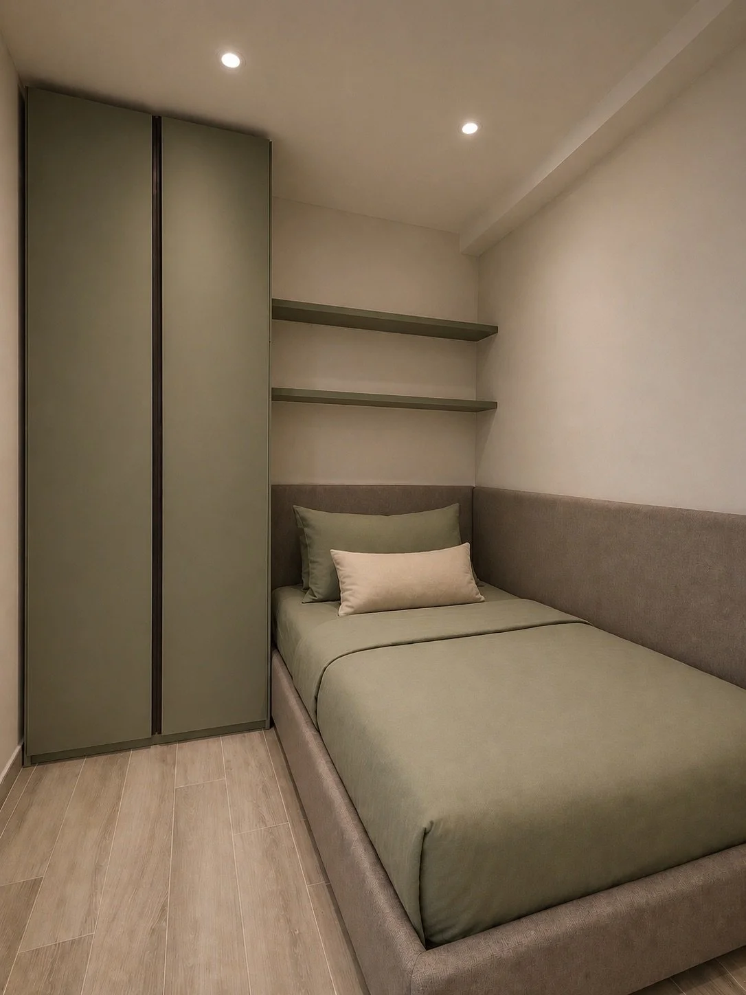 Stanza con letto singolo, tende, armadio verde e mensole sopra il letto, ambiente minimalista e moderno.