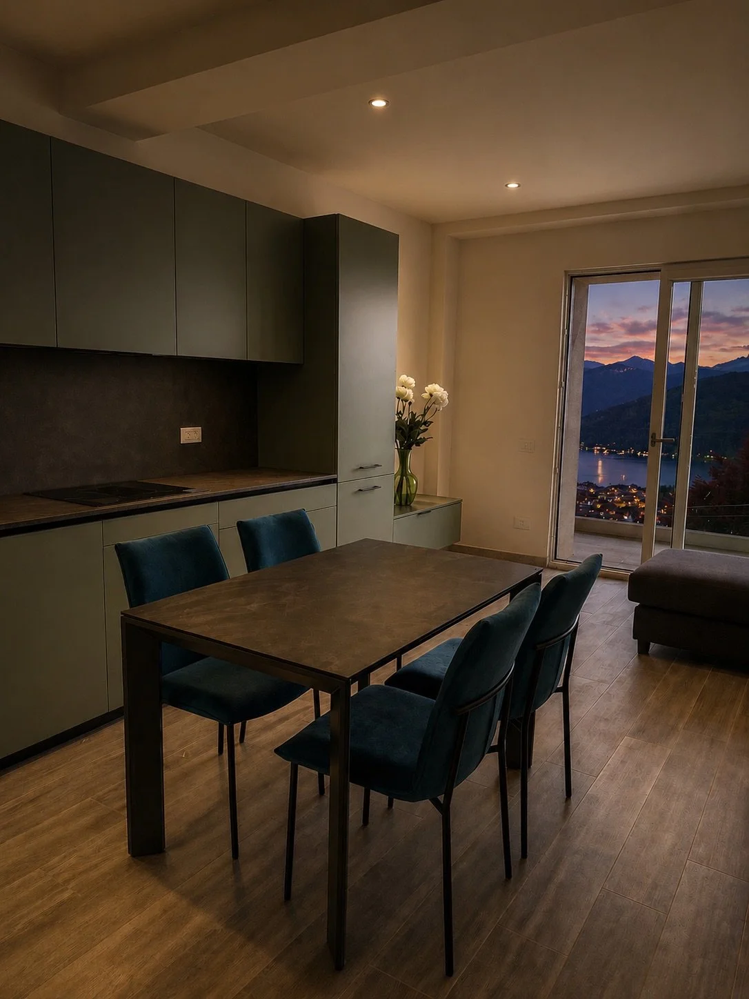 Interno di una cucina e sala da pranzo con tavolo di legno, sedie blu, cucina con armadietti verdi, vasi con fiori e una porta finestra che mostra un tramonto sulle montagne e un lago.
