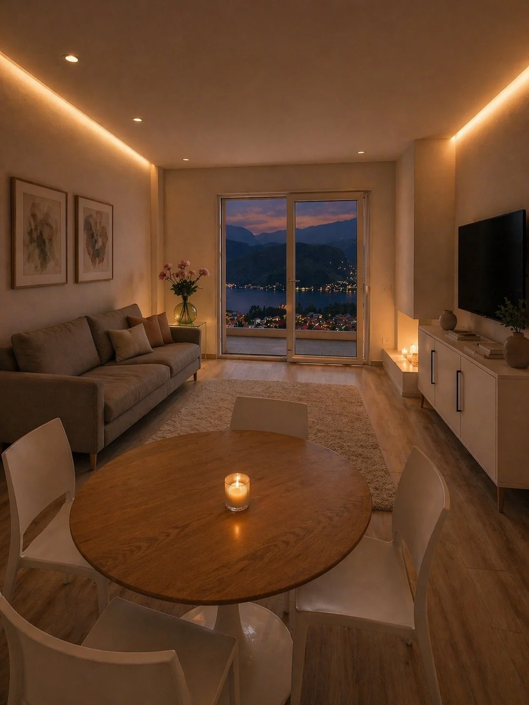 Soggiorno accogliente con divano beige, tavolo rotondo di legno con candela accesa, vista su lago e montagna attraverso una finestra, decorazioni floreali e luci soffuse.
