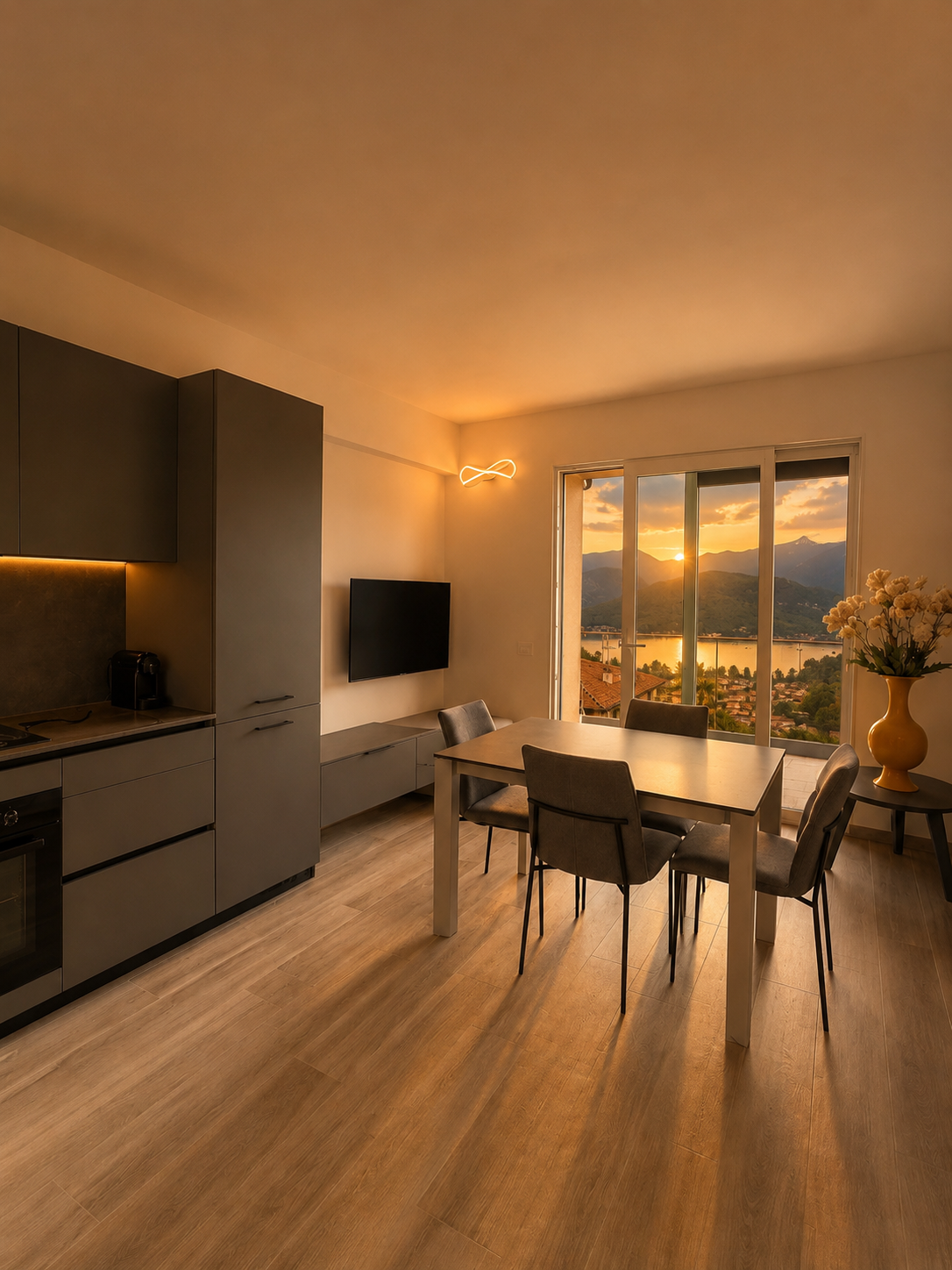 Interno di un appartamento con cucina e sala da pranzo con vista sul tramonto sulle montagne e lago.