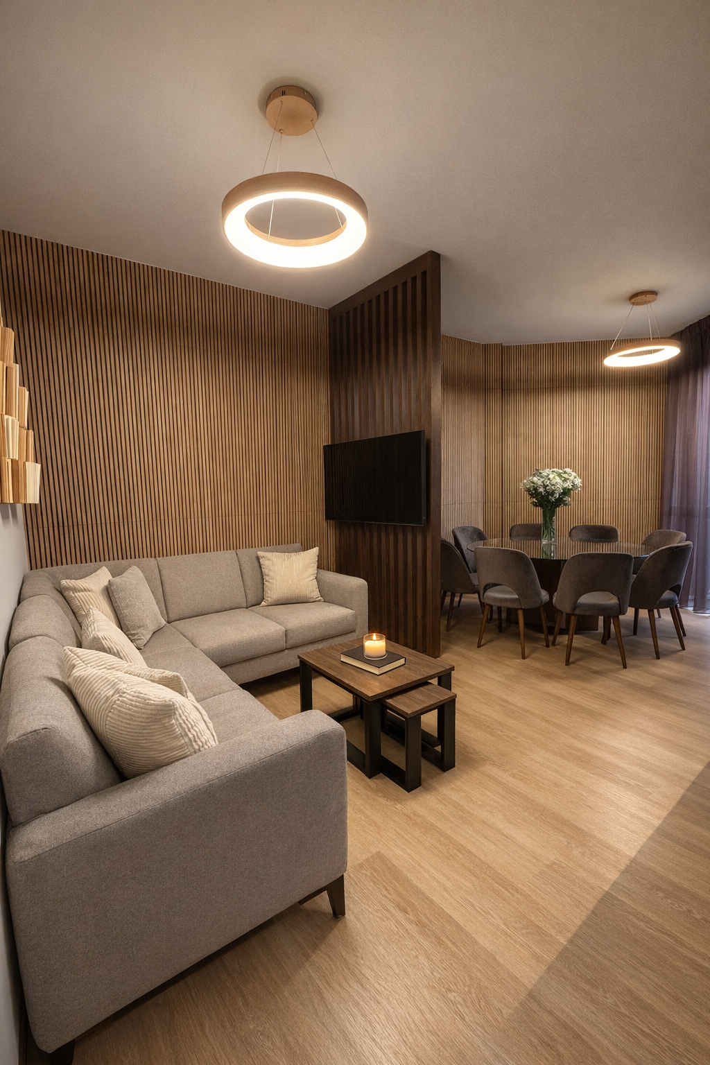 Soggiorno moderno con divano grigio, tavolino, candele, pareti in legno, sala da pranzo con tavolo rotondo e sedie, decorazioni eleganti e luci a soffitto