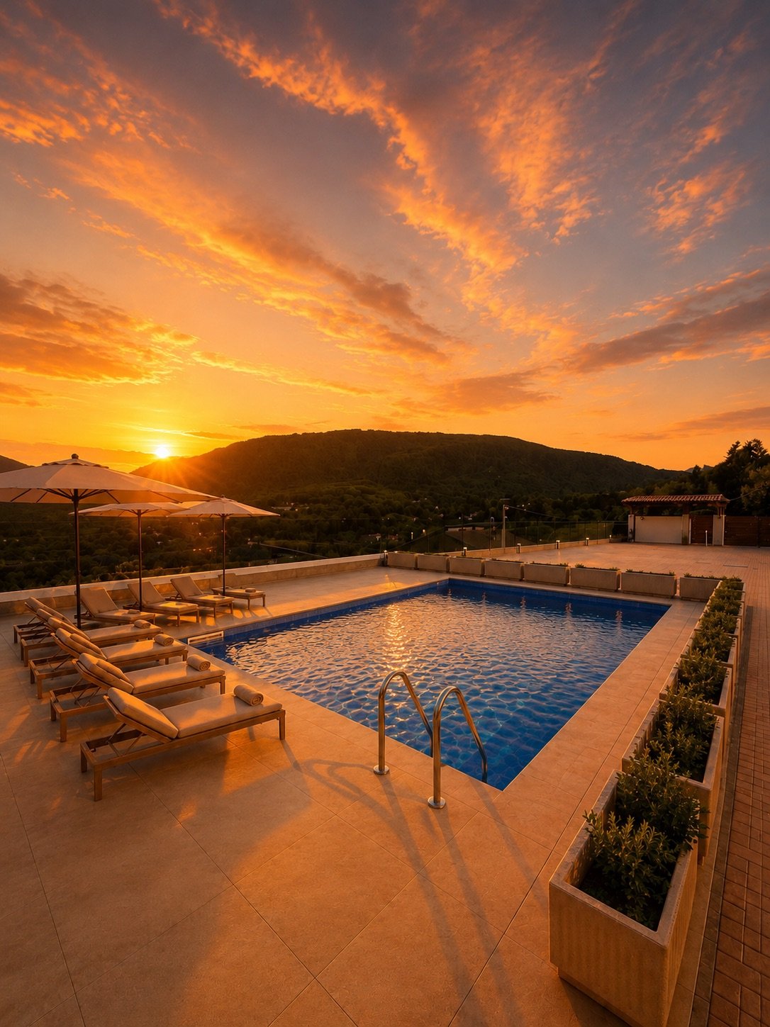 Piscina con sedie a sdraio e ombrelloni al tramonto, con un paesaggio collinare sullo sfondo e un cielo con nuvole arancioni