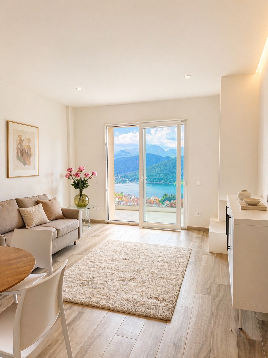 Soggiorno con vista su un lago e montagne, con divano beige, tavolo con sedie bianche, vaso con fiori rosa, tappeto beige, finestra a doppio battente.
