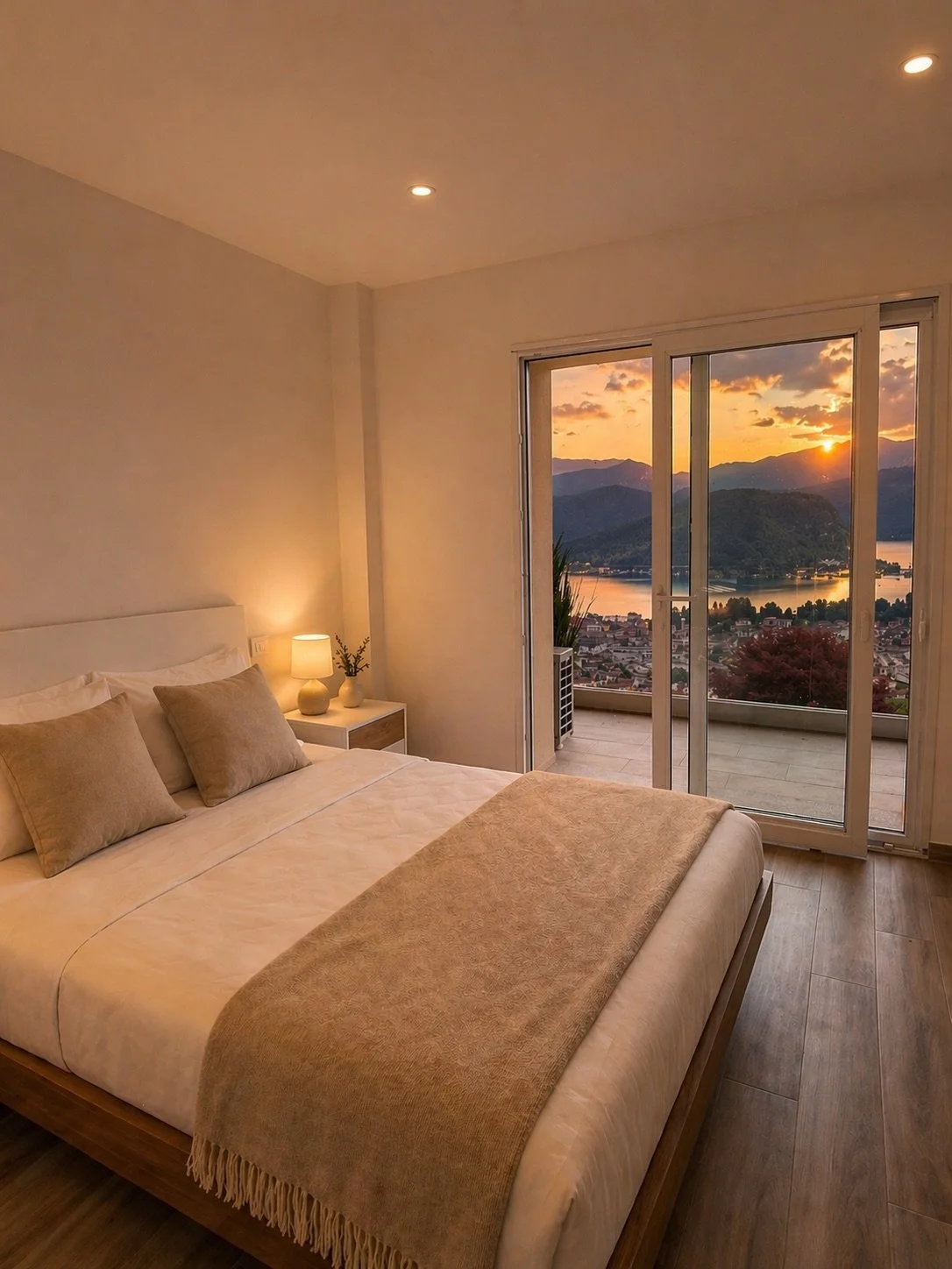 Camera da letto con letto ben fatto, lampada e vasi sul comodino, vista di un tramonto sul lago e montagne attraverso le finestre.