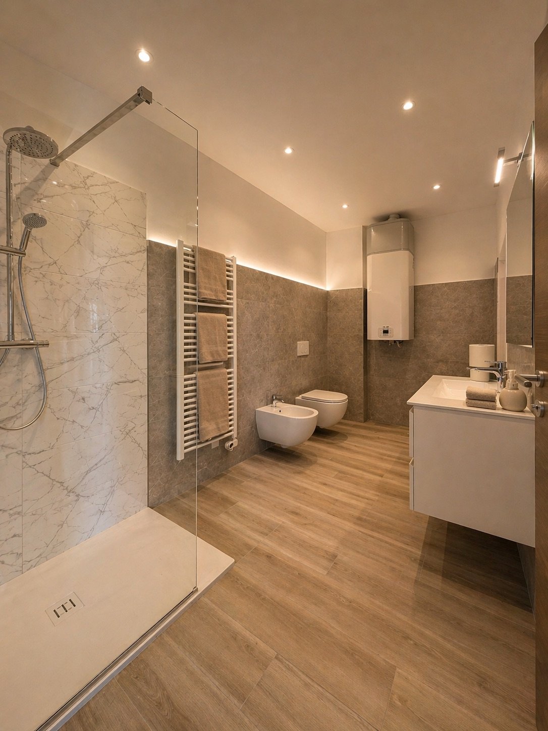 Bagno moderno con doccia a pioggia, lavabo, bidet, WC, termosifone con asciugamani, caldaia sul muro, pavimento in legno, pareti in piastrelle grigie e marmo.